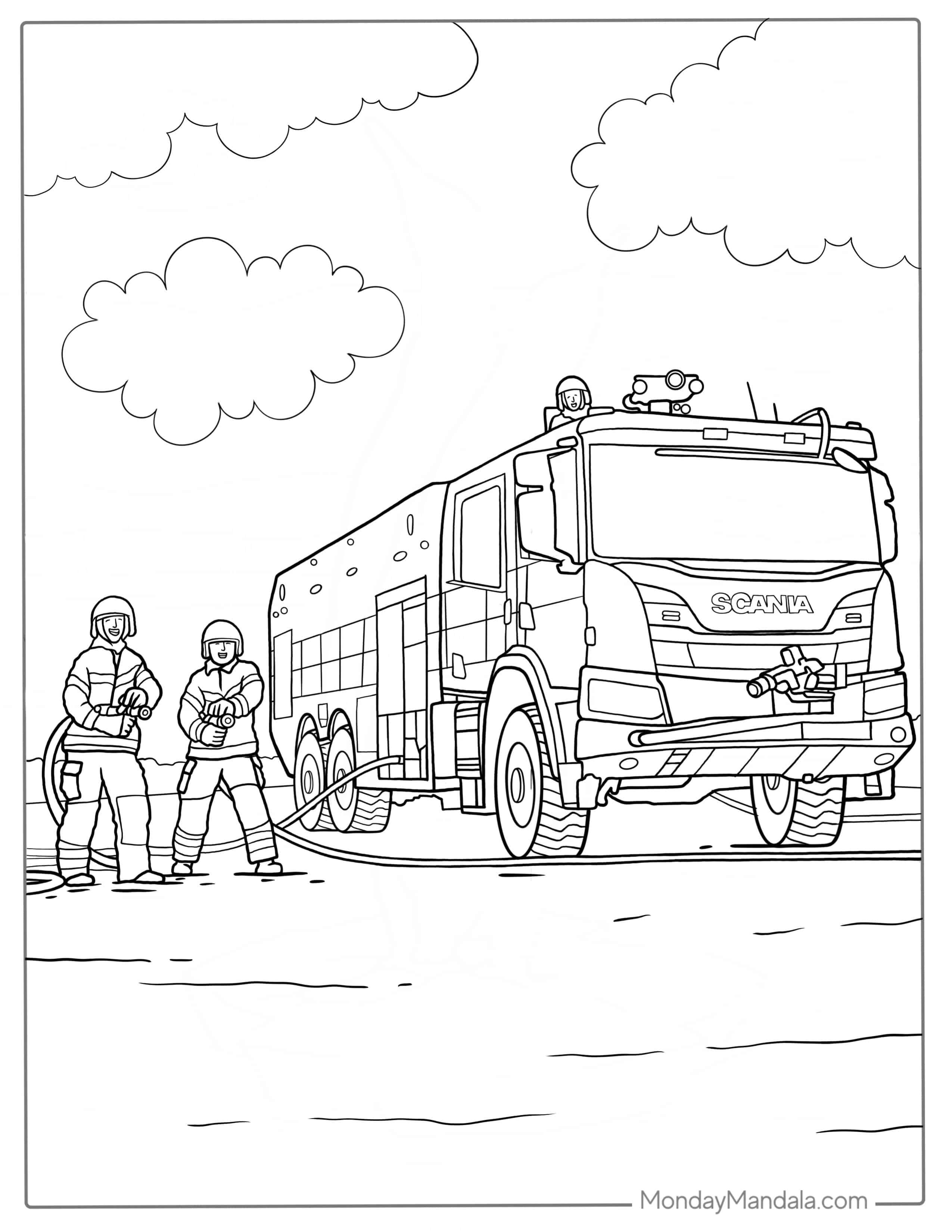 Airport Scania Fire Truck With Firefighters To Color coloring page — printable line art