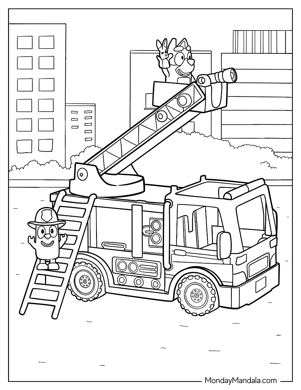 Bluey And Dad On A Fire Truck Coloring Page For Kids coloring page