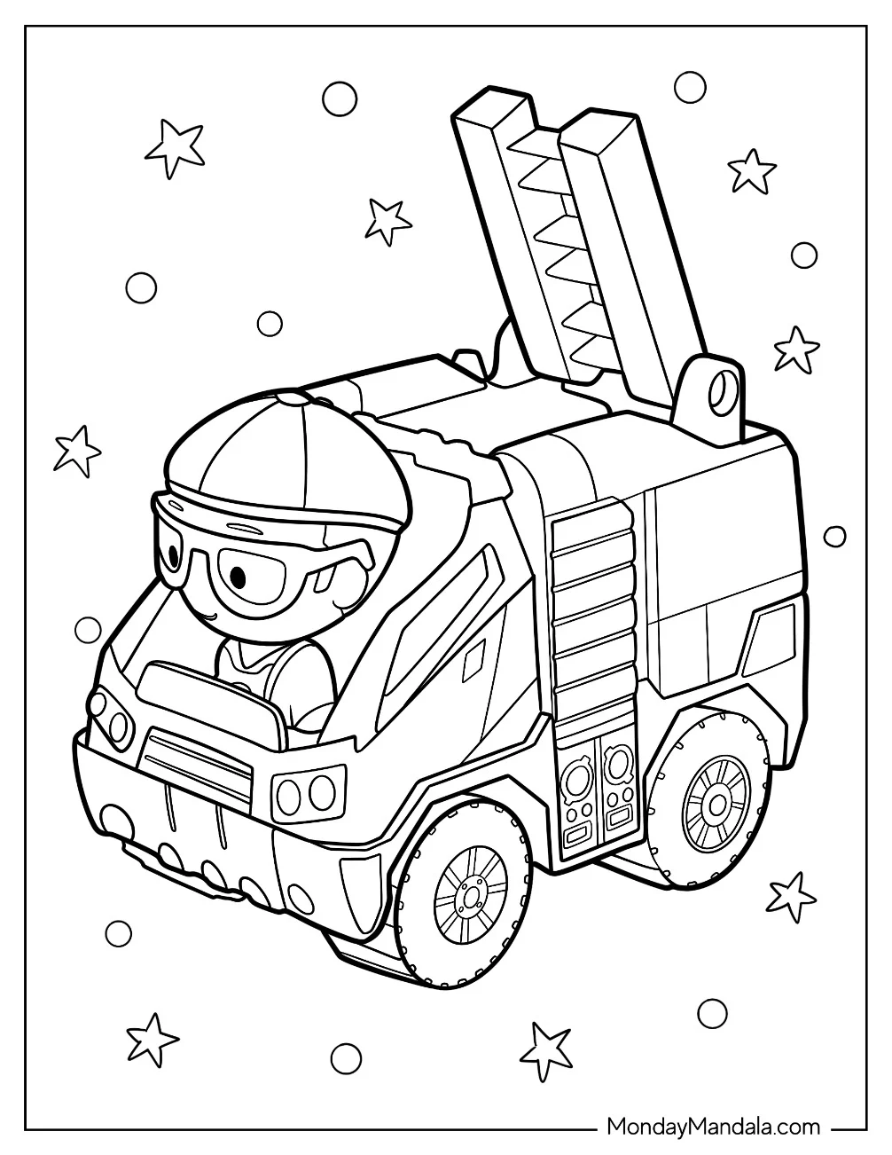 Cartoon Fireman Operating A Fire Truck Coloring Page coloring page — printable line art