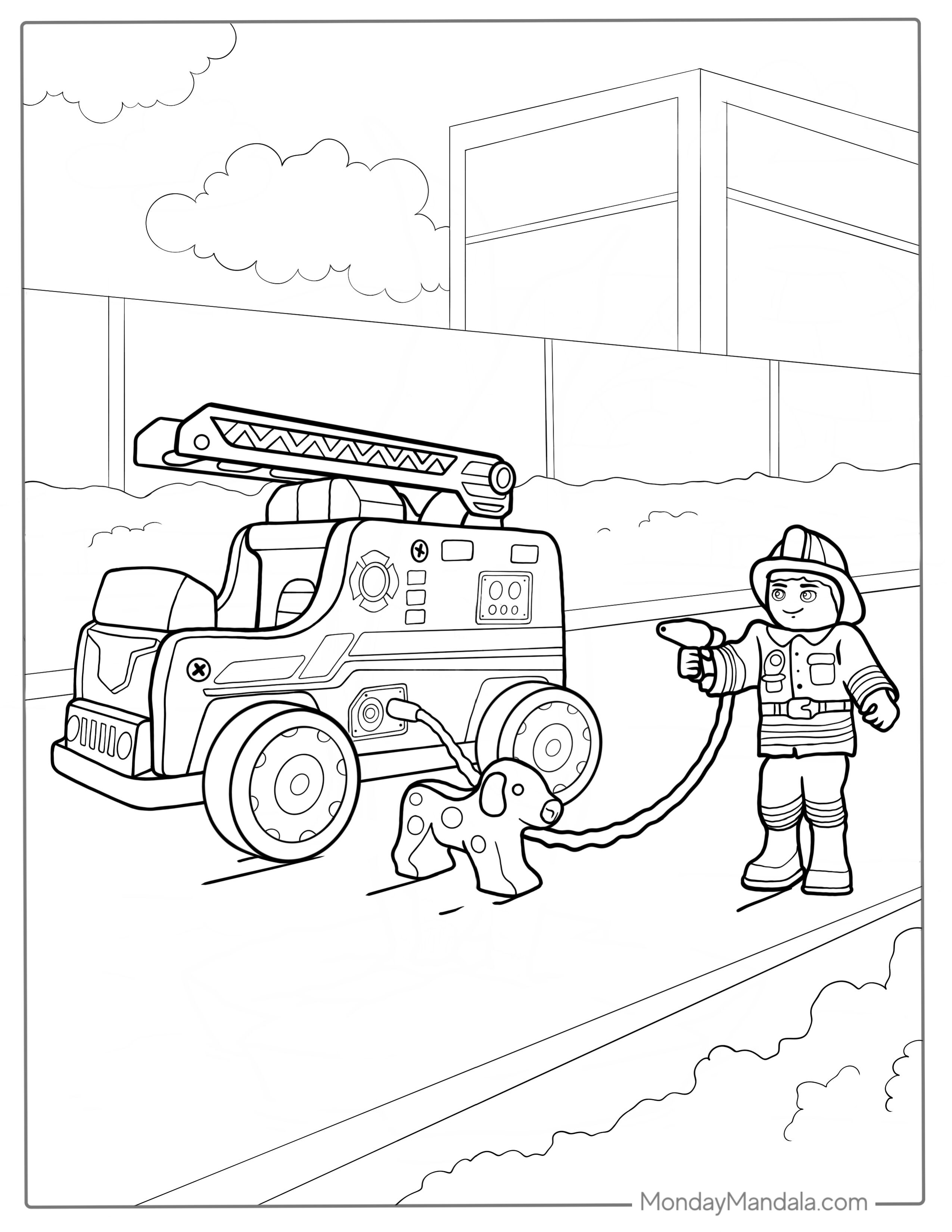 Cartoon Style Fire Truck With Firefighter And Dalmatian coloring page