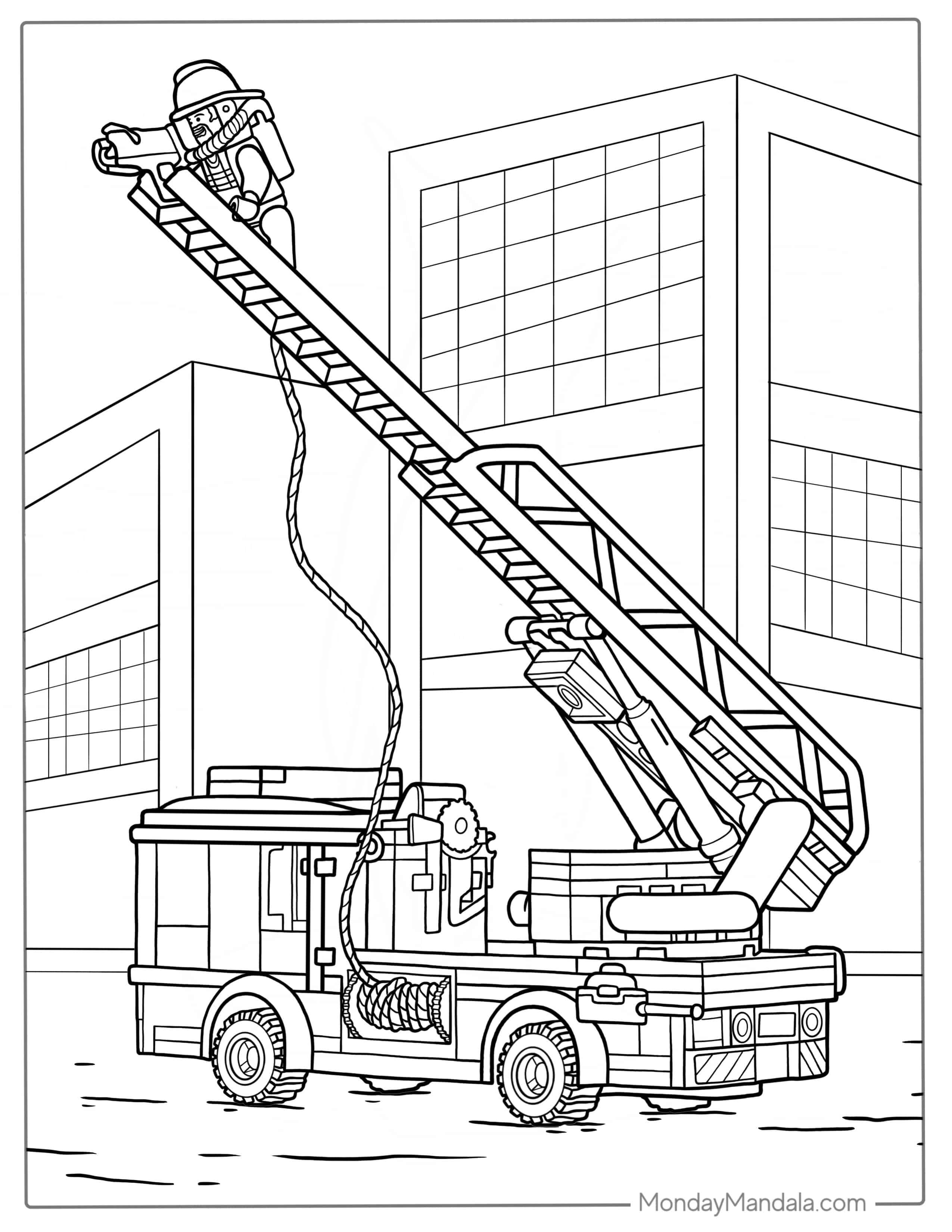 Detailed Lego Fire Truck With Extended Ladder To Color coloring page — printable line art