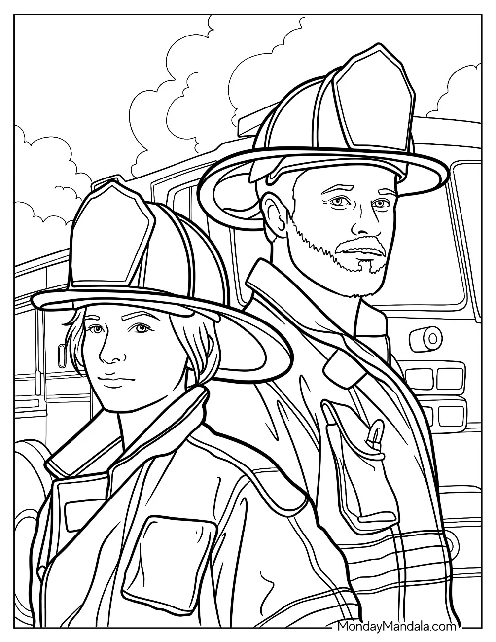 Father And Son Firemen In Front Of A Fire Truck Coloring Page coloring page