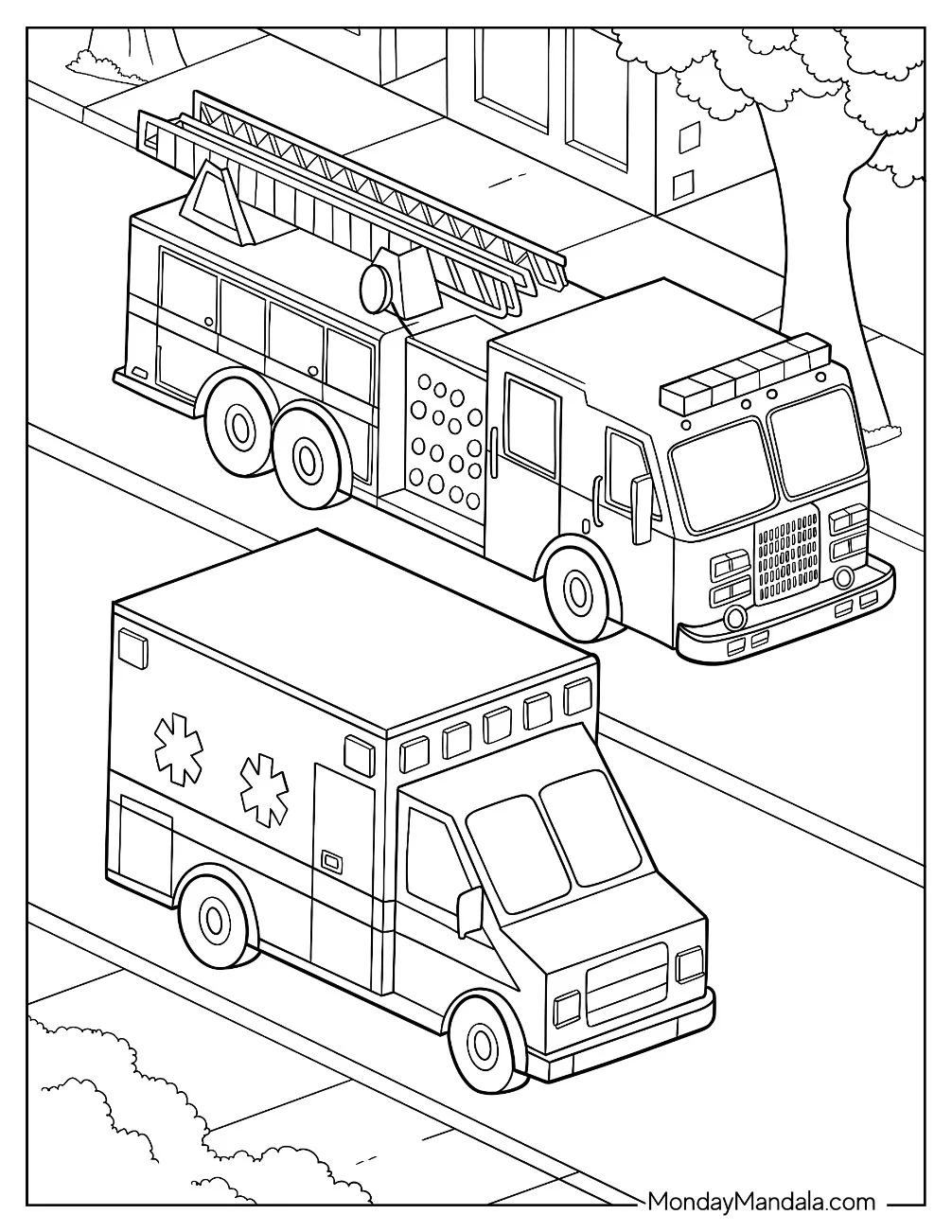 Fire Truck Driving Beside An Ambulance coloring page