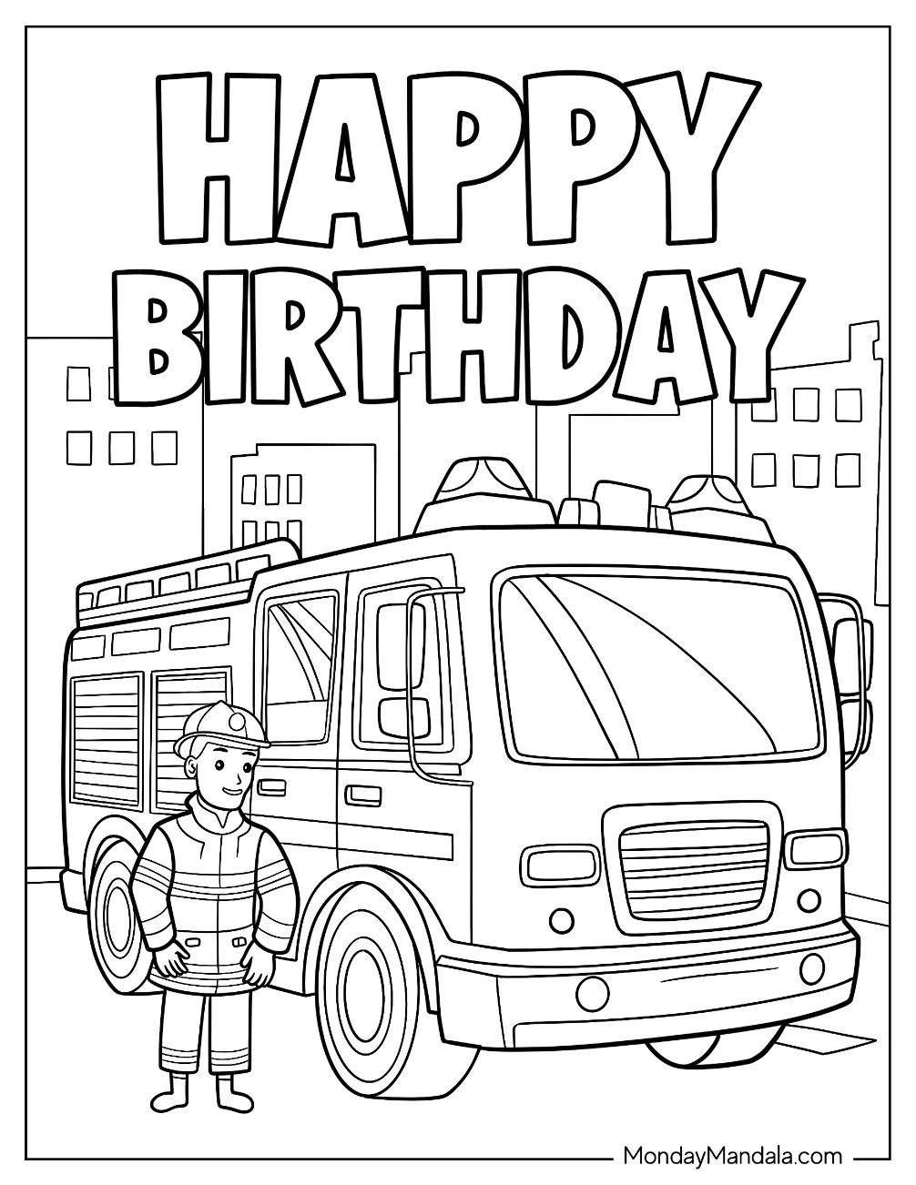 Happy Birthday Words Above A Fire Truck Coloring Page coloring page