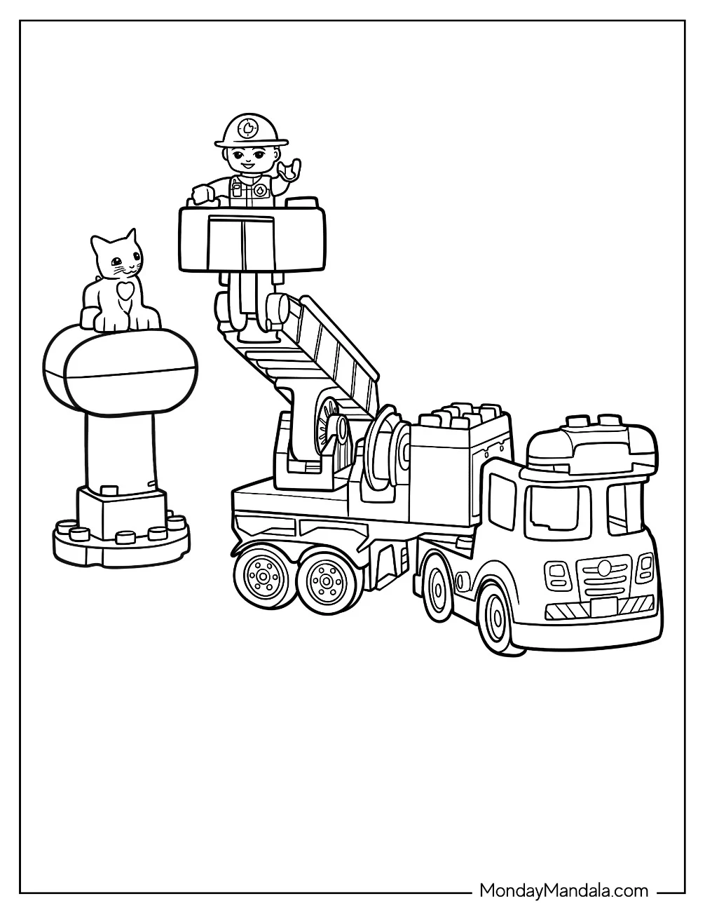 Lego Firefighter On A Fire Truck Rescuing A Cat Coloring Page coloring page