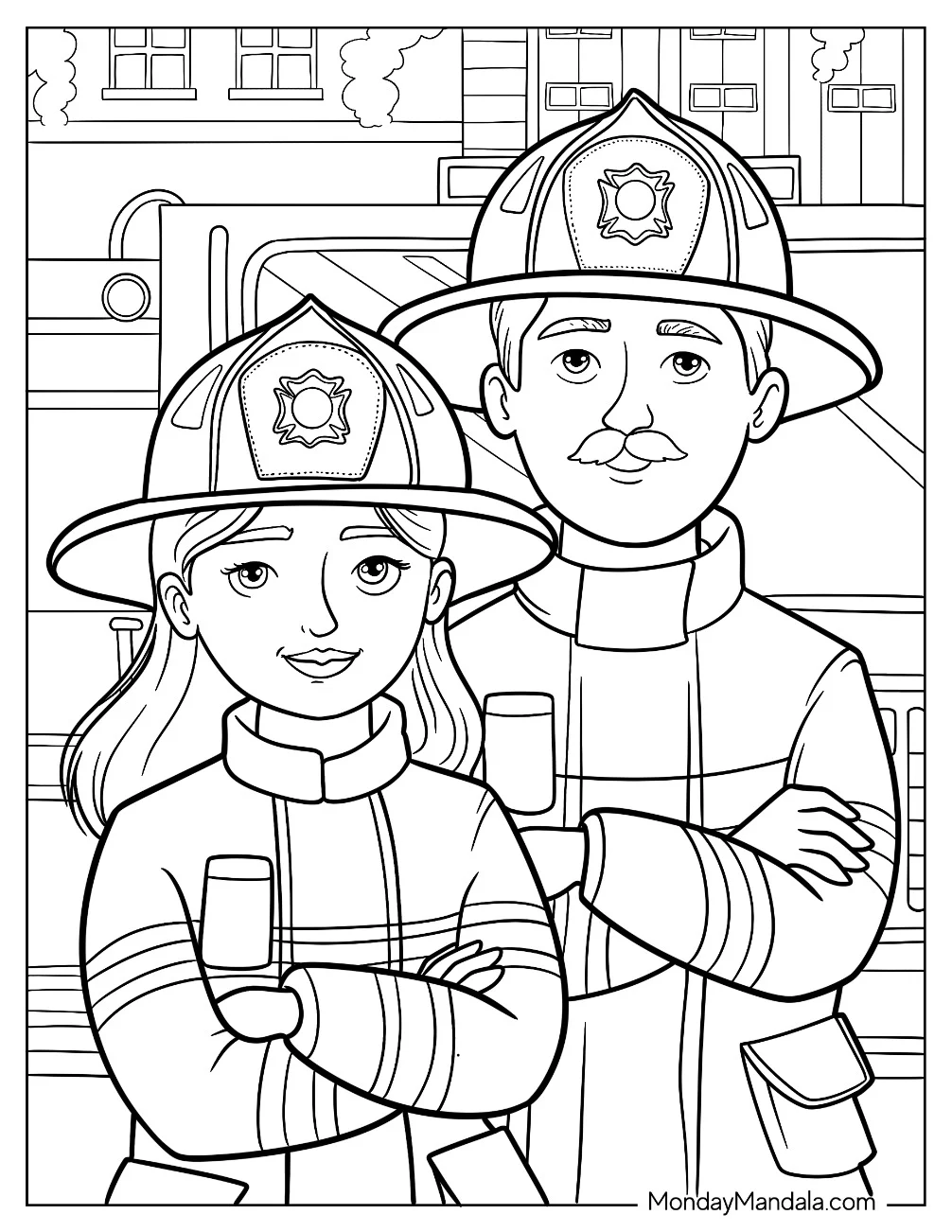 Man And Woman Firefighter With Fire Truck Coloring Sheet For Kids coloring page — printable line art