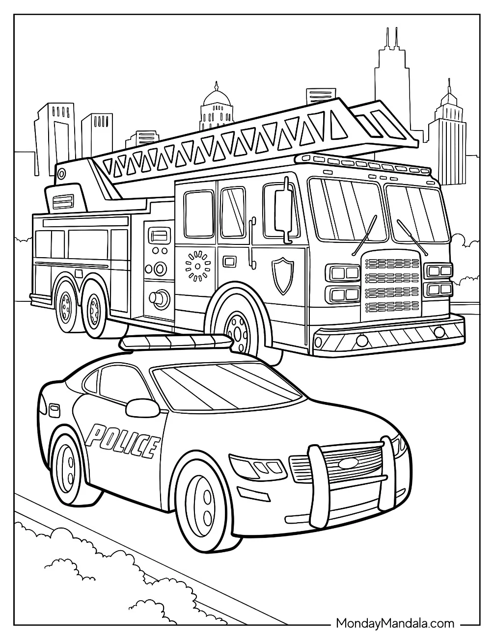 Police Car Parked Beside A Massive Fire Truck coloring page