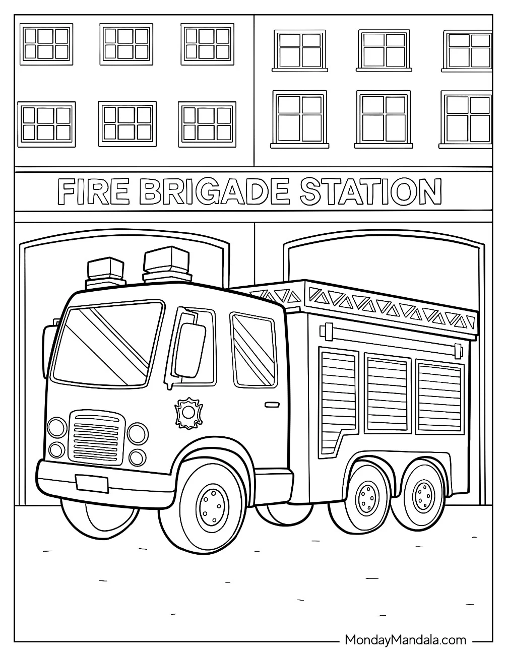 Realistic Fire Truck In A Fire Brigade Station coloring page — printable line art