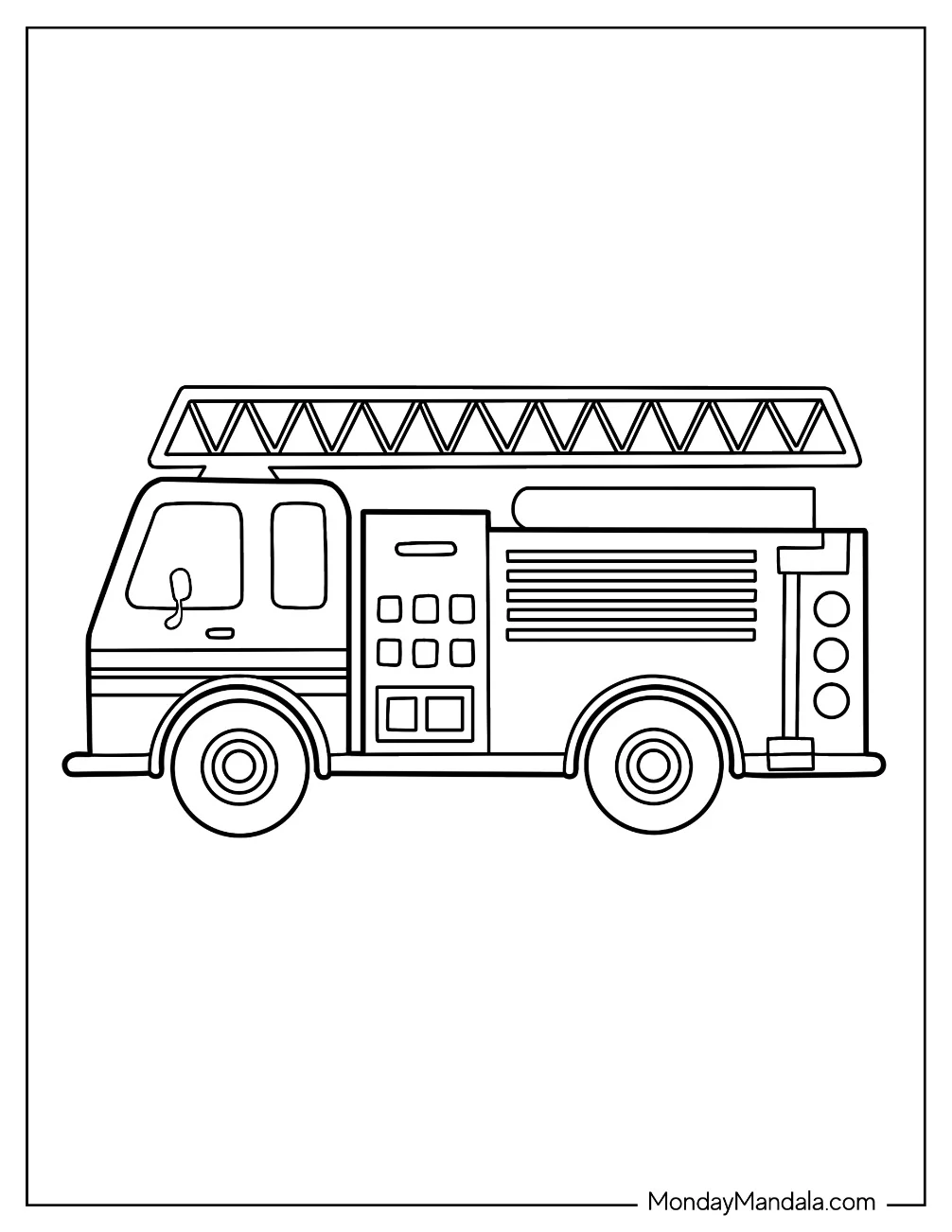 Side View Of Cartoon Fire Truck Coloring Page For Kids coloring page