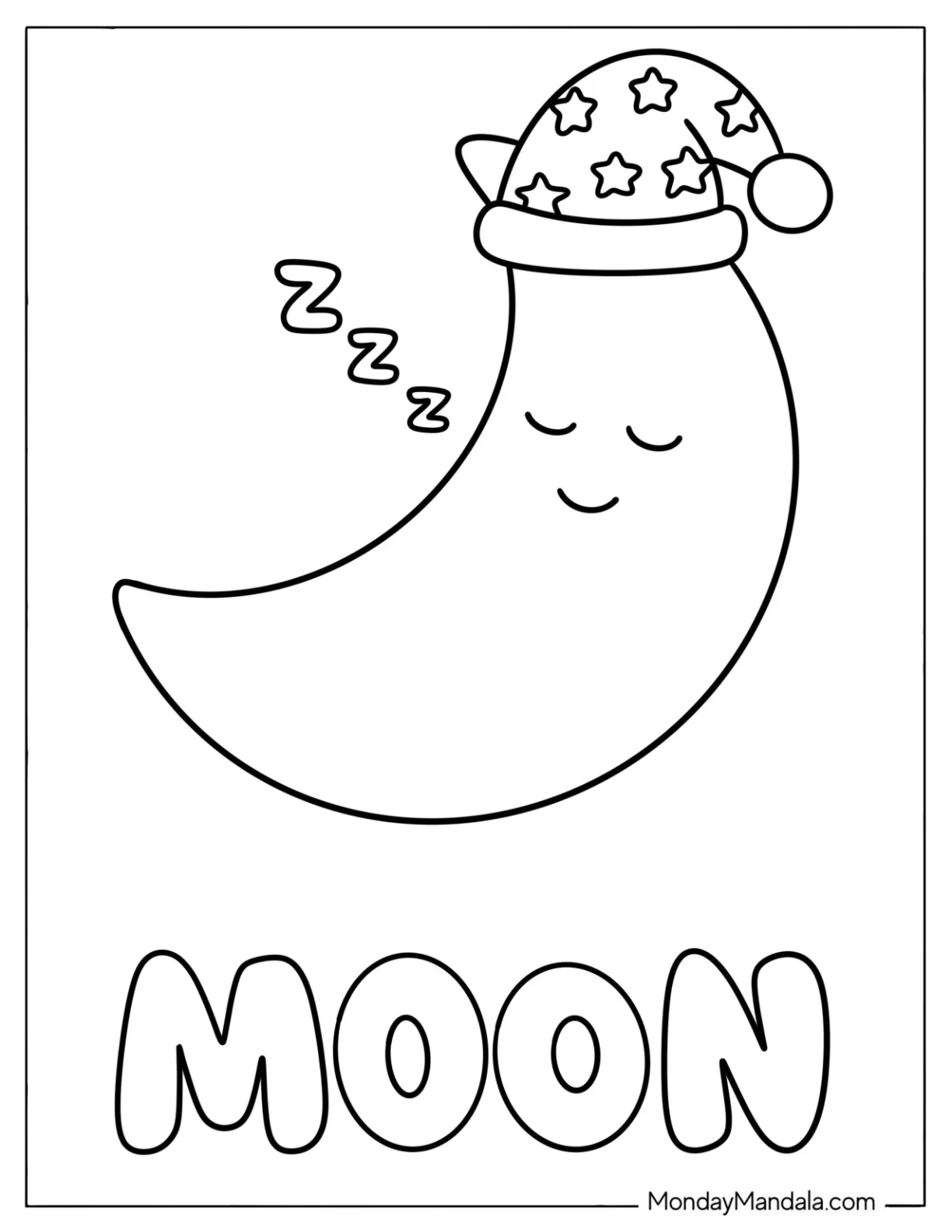 Snoozing Crescent Moon Coloring Page for Toddlers coloring page — printable line art
