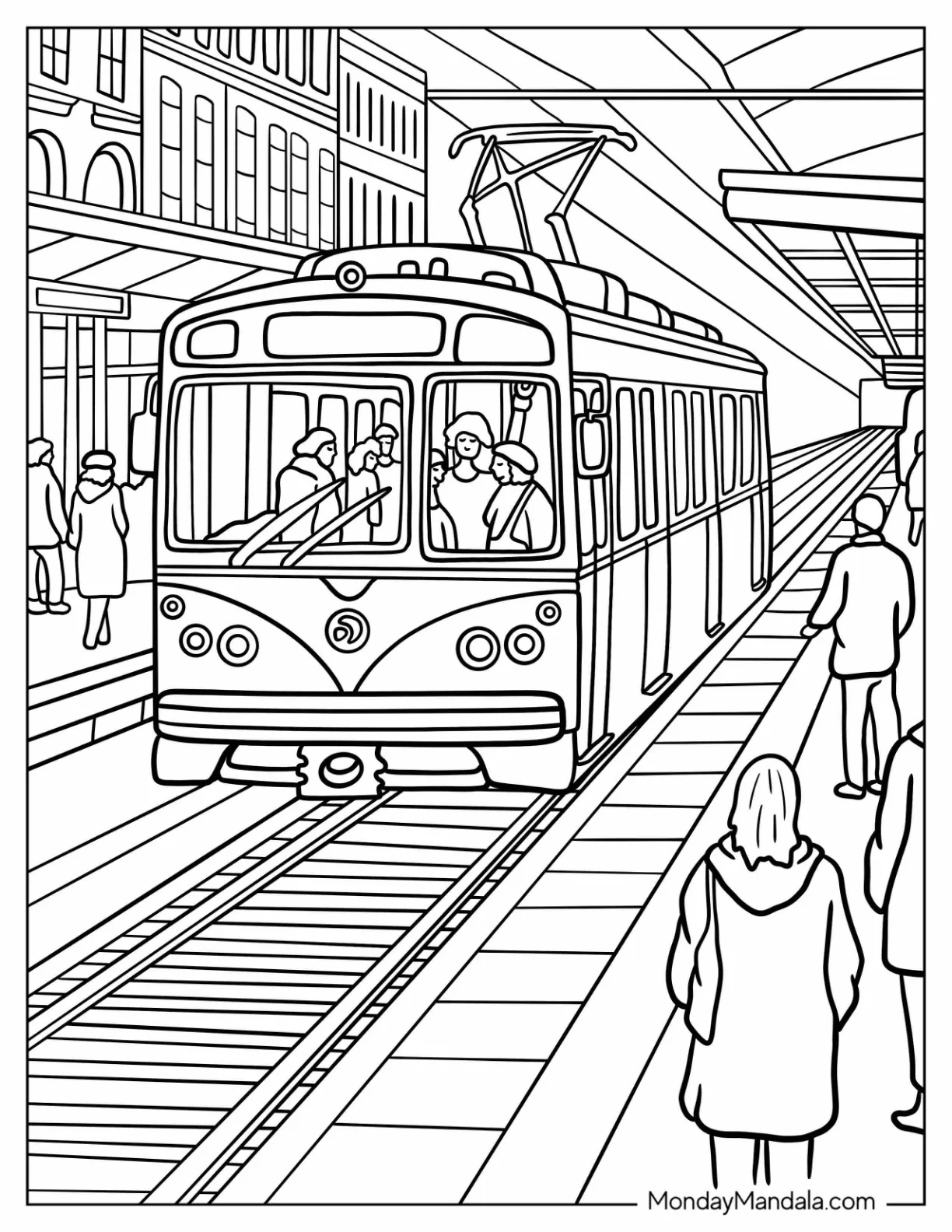 Busy City Train Coloring Page at the Station Platform coloring page