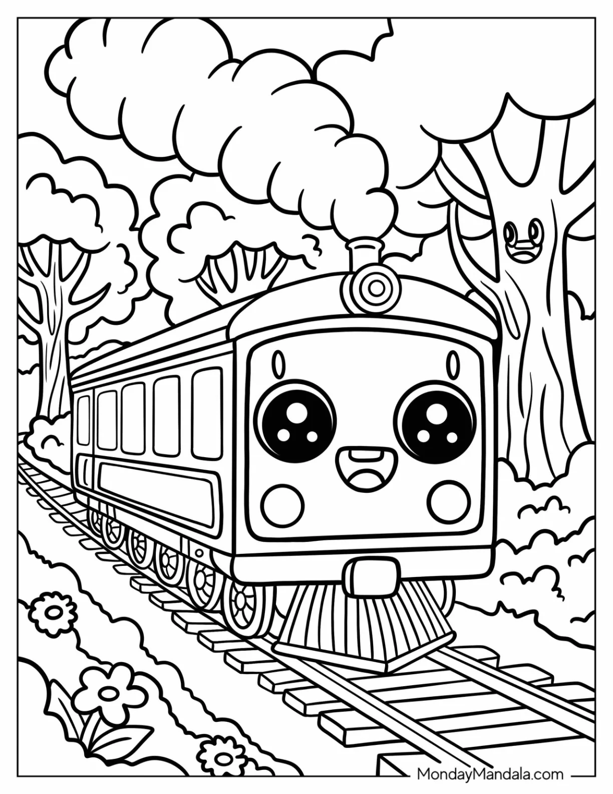 Cartoon Steam Train Coloring Page Chugging Through the Woods coloring page