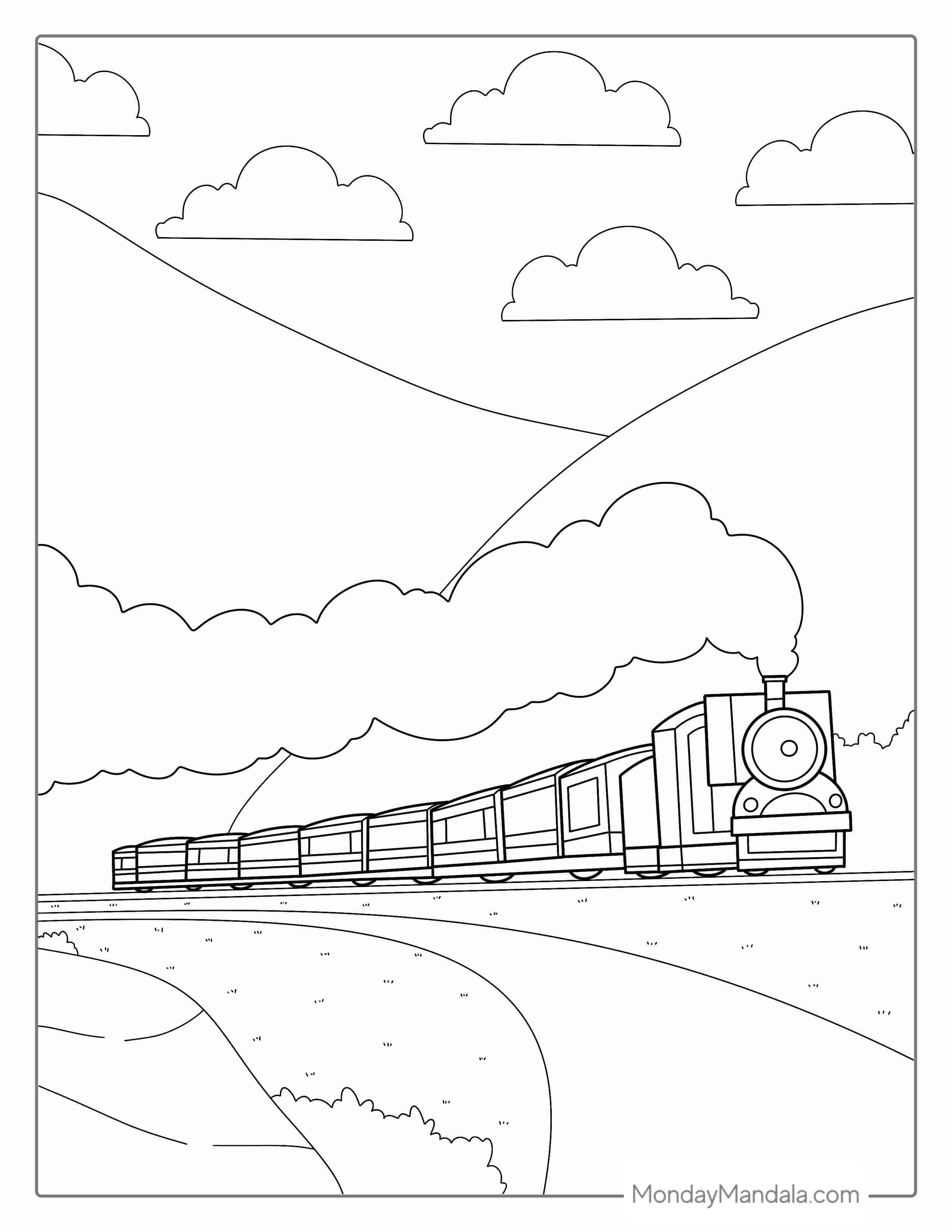 Coloring Page Of a Steam Train And Carriage Near Mountains coloring page