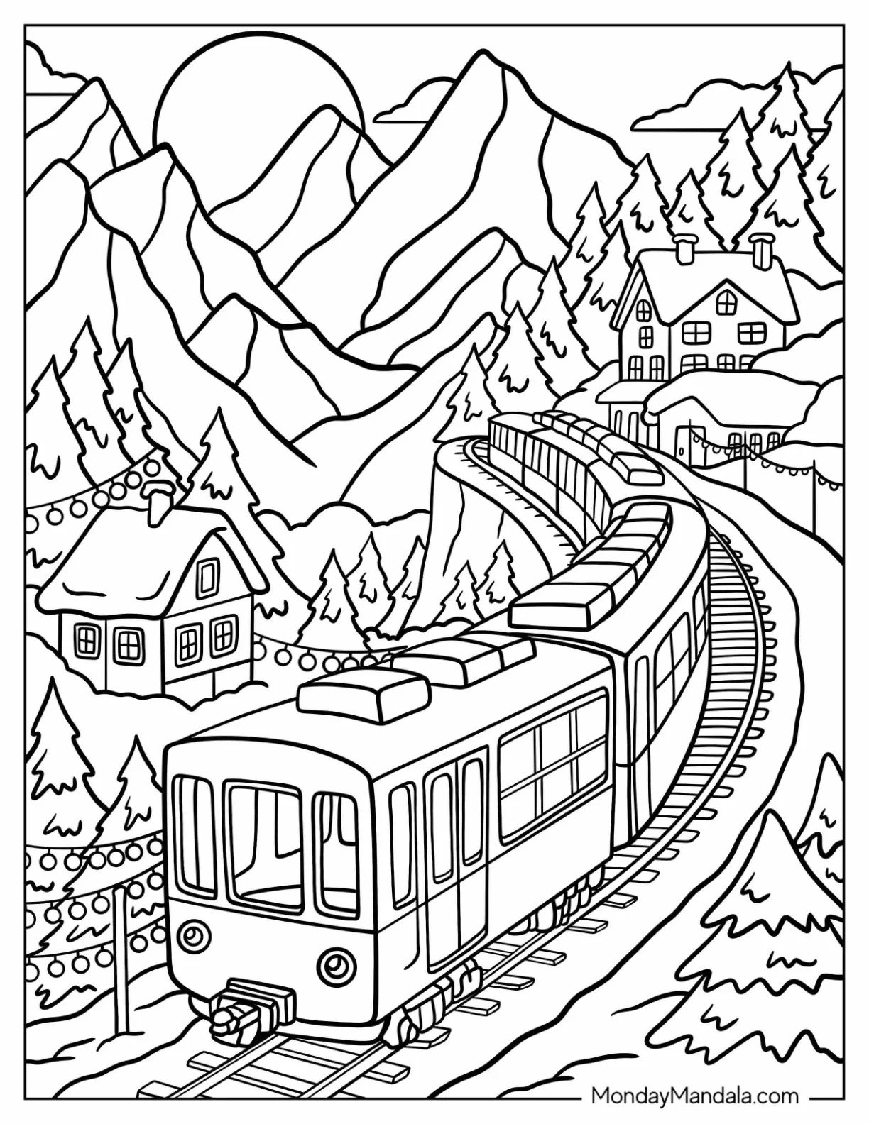 Cozy Alpine Train Coloring Page with Cabins and Christmas Lights coloring page