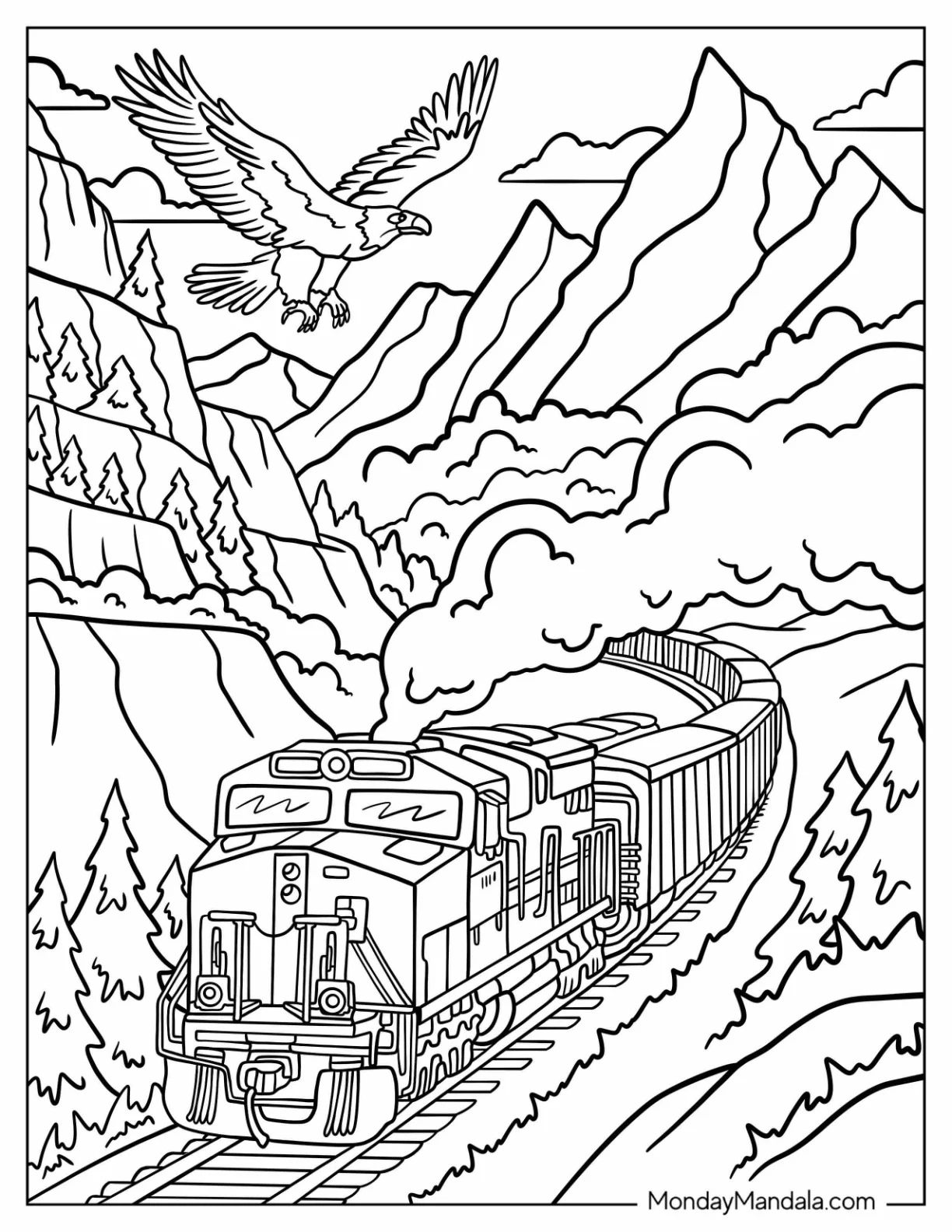 Freight Train Coloring Page Winding Through Mountain Trails with Eagle coloring page