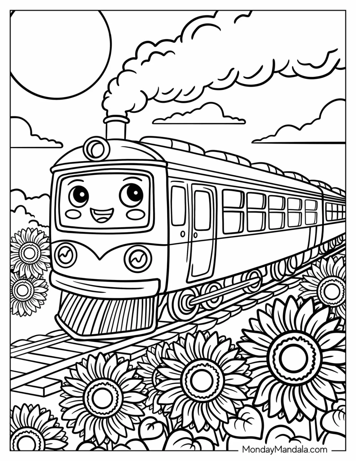 Friendly Train Coloring Page Passing Through a Blooming Meadow coloring page