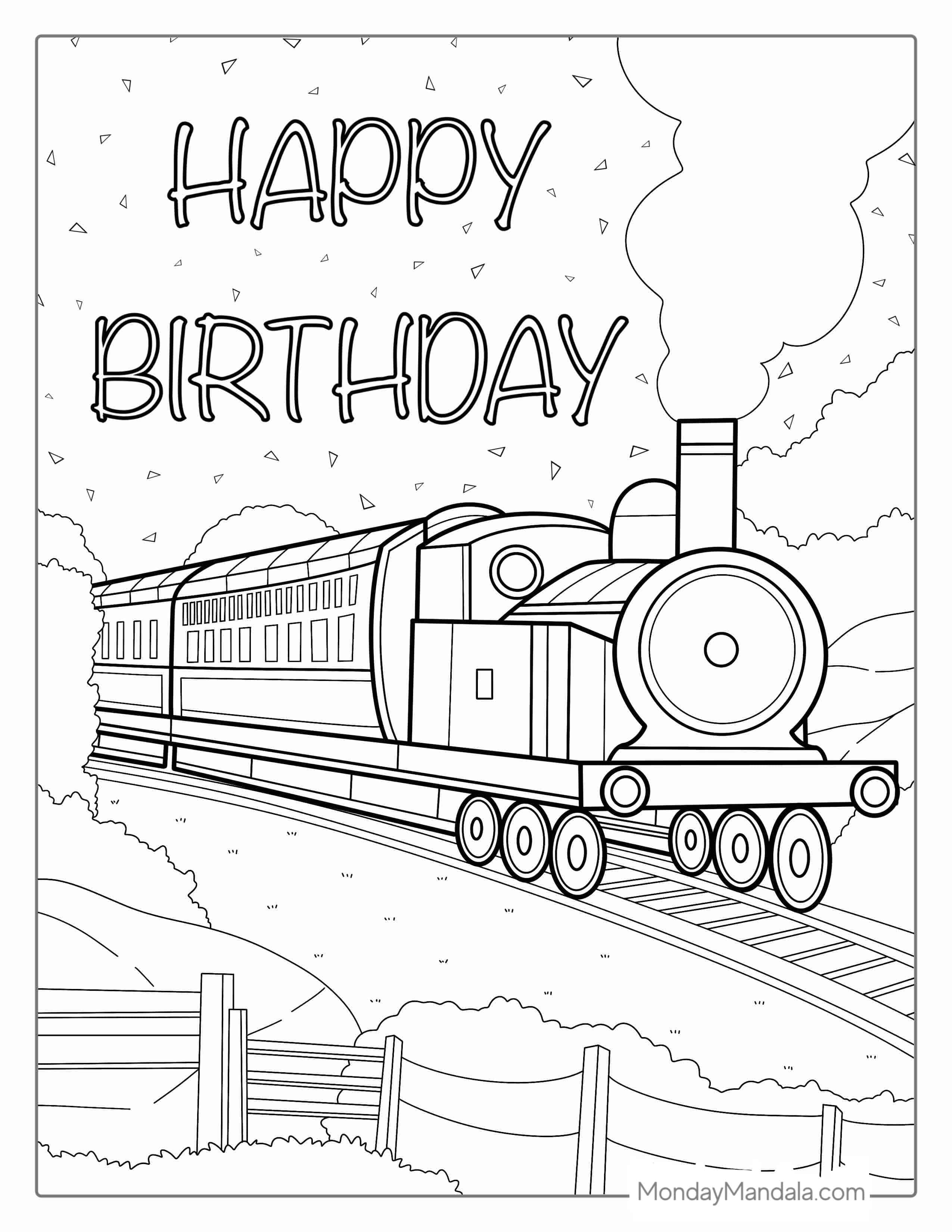 Happy Birthday Train Coloring Picture For Kids coloring page — printable line art