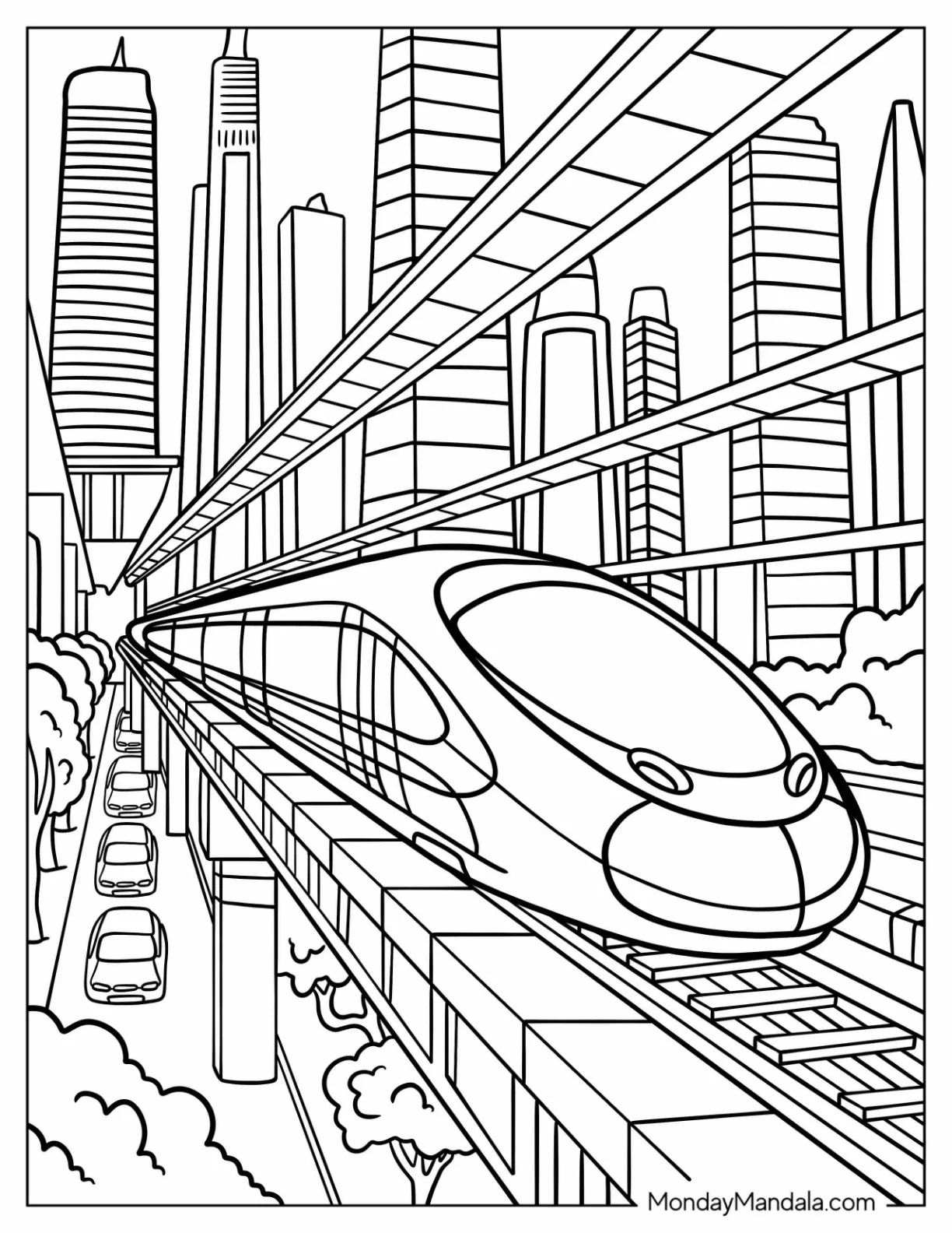 High Speed Bullet Train Coloring Page in a Modern City Skyline coloring page