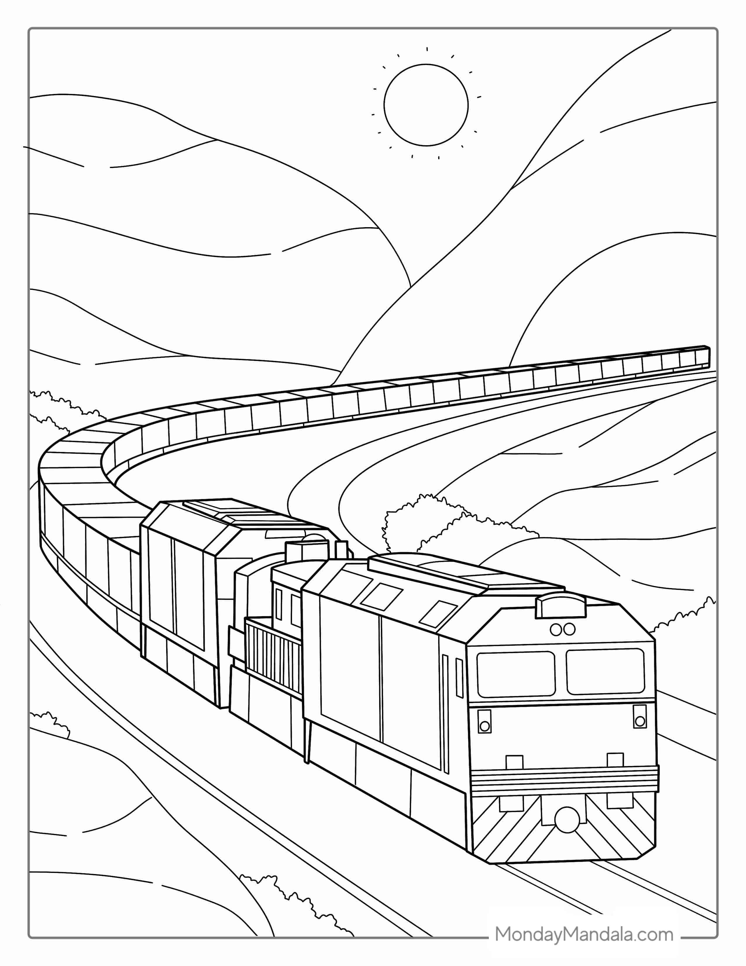 Long Freight Train Coloring Page For Kids coloring page — printable line art