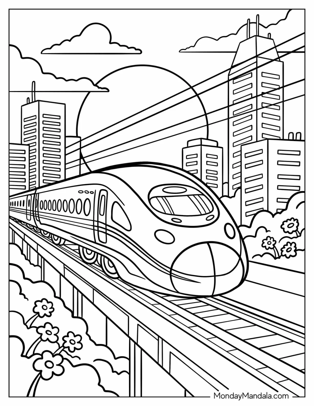 Modern City Train Coloring Page Surrounded by Flowers and Power Lines coloring page