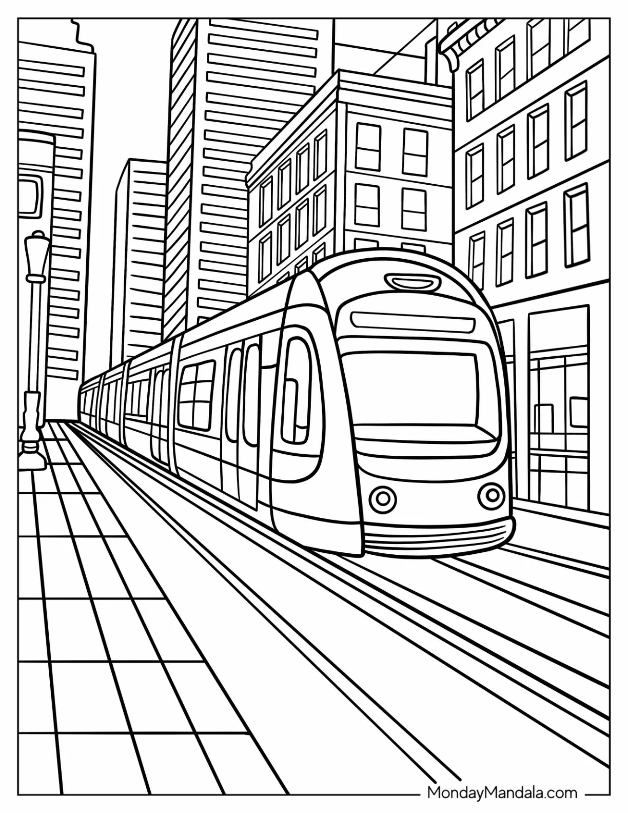 Modern Light Rail Train Coloring Page in a Downtown City Scene for Kids coloring page