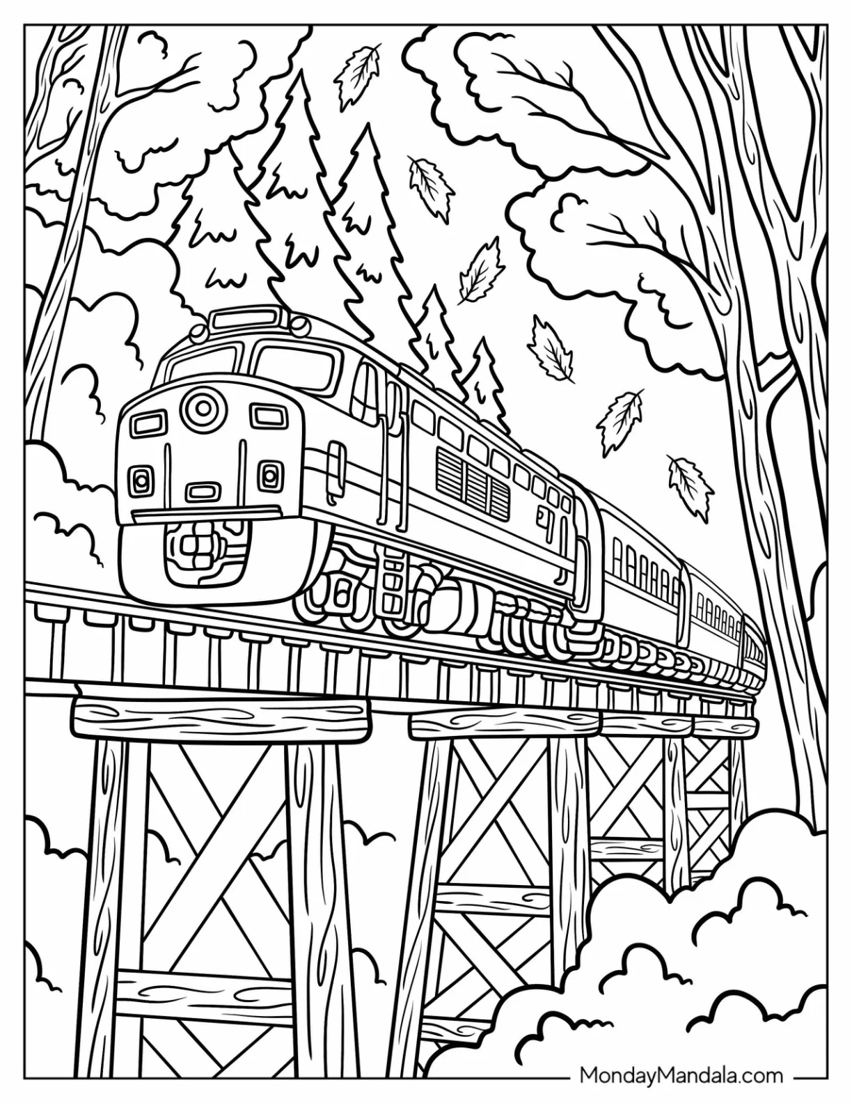 Passenger Train Coloring Page Crossing a Wooden Bridge in Autumn Forest coloring page