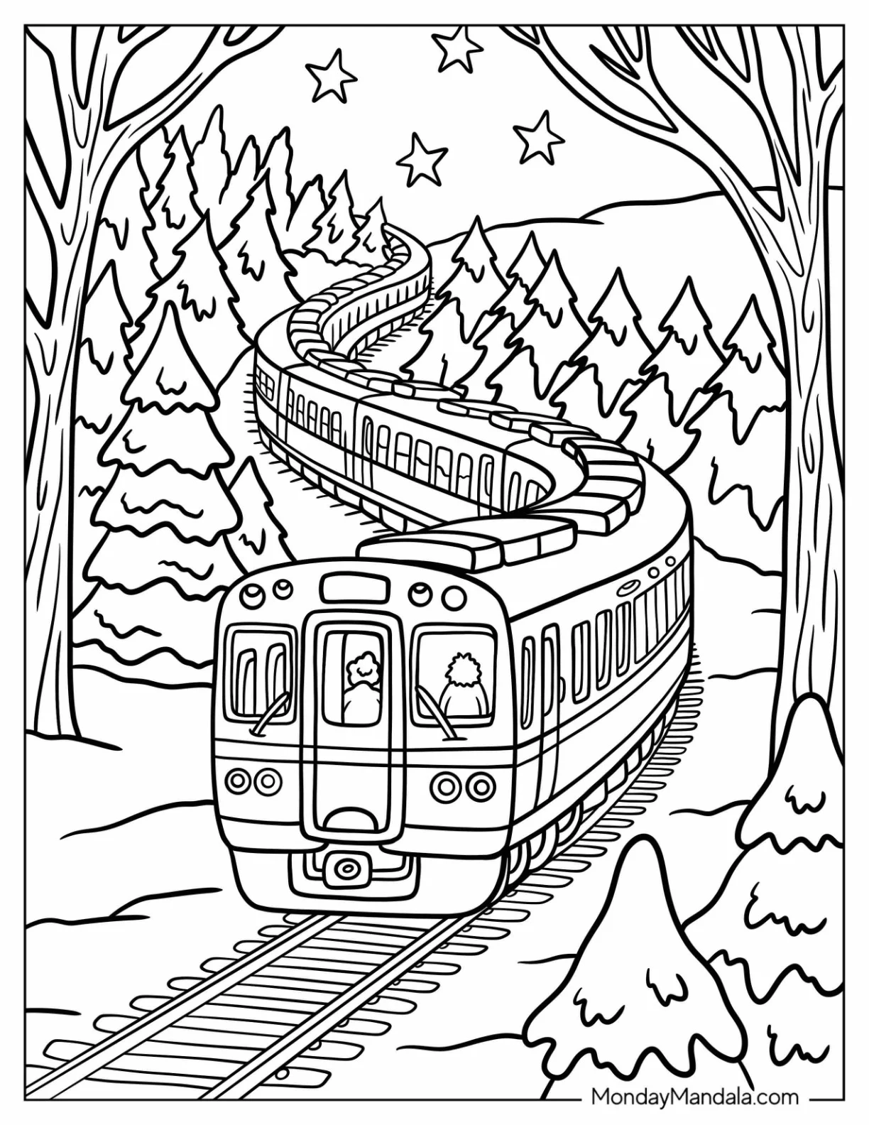 Peaceful Evening Train Coloring Page Through a Snowy Forest coloring page — printable line art