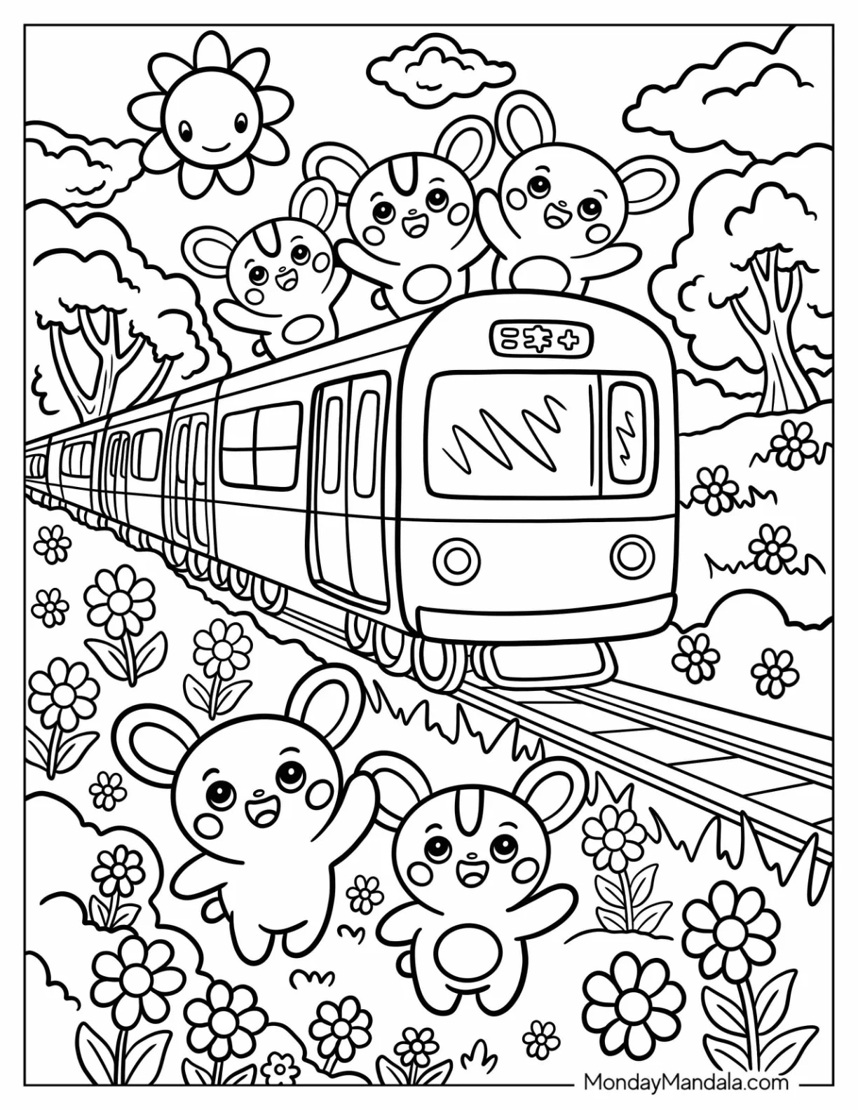 Playful Cartoon Train Coloring Page with Bunnies and Bears in the Forest for Kids coloring page
