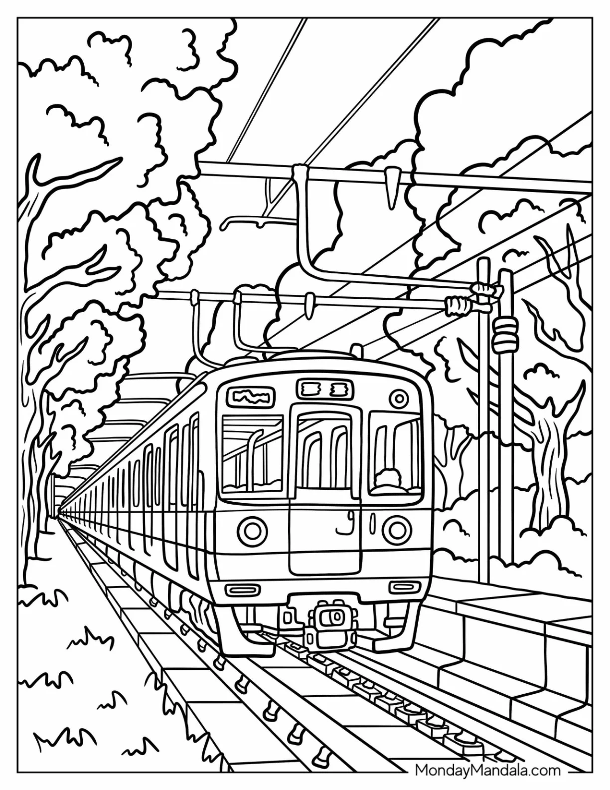 Realistic Subway Train Coloring Page Approaching a Platform coloring page