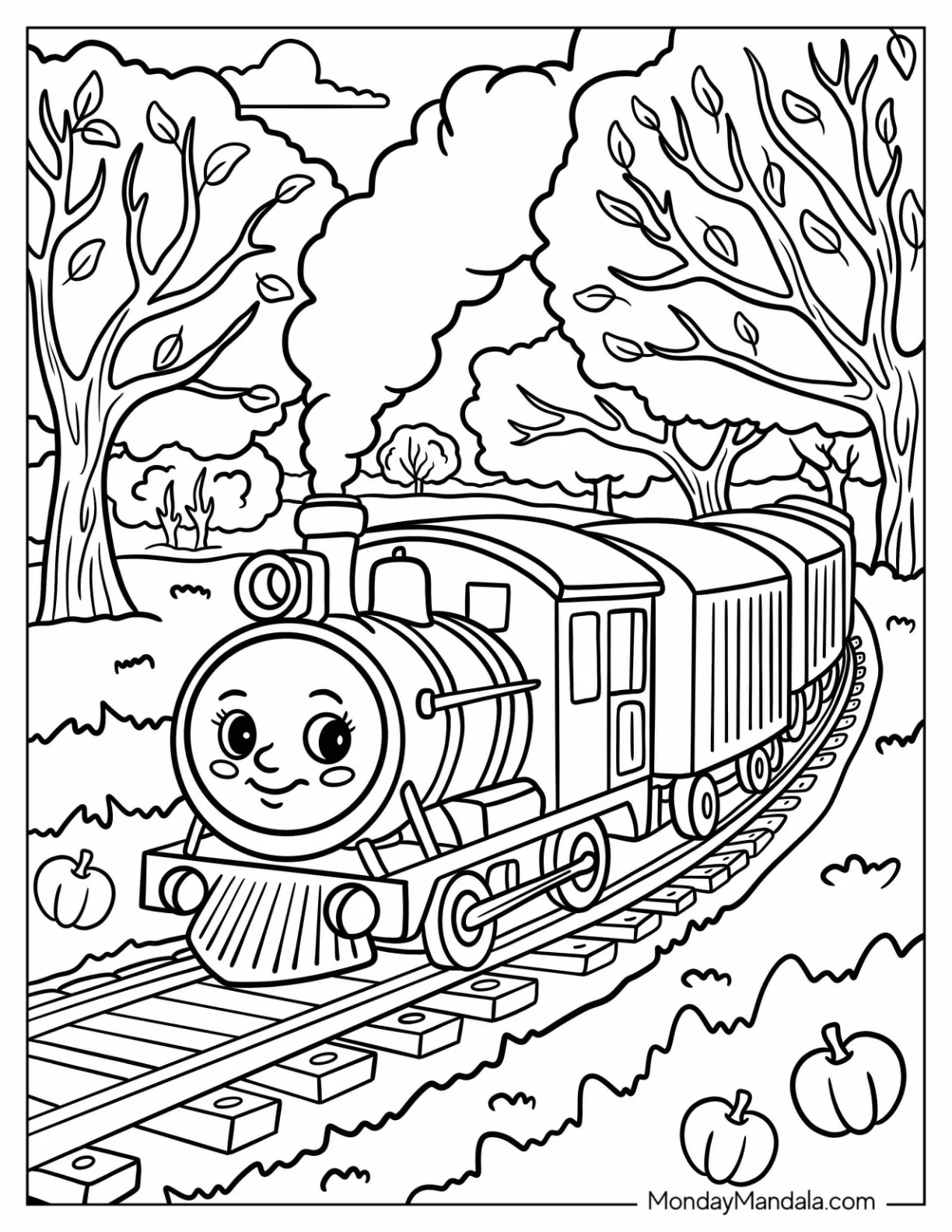 Smiling Cartoon Train Coloring Page Rolling Through a Pumpkin Patch for Kids coloring page