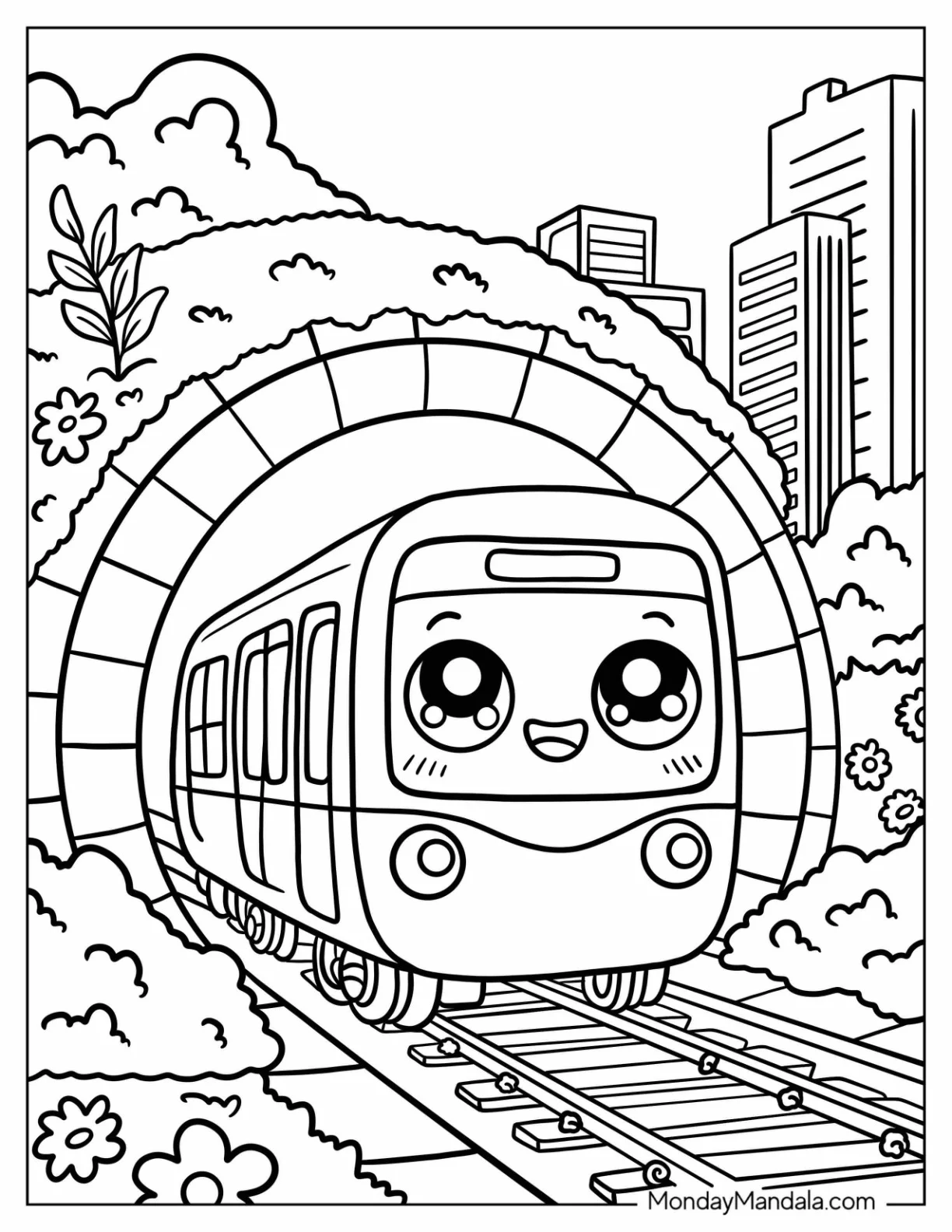 Subway Train Coloring Page in a Flower Filled Tunnel for Kids coloring page