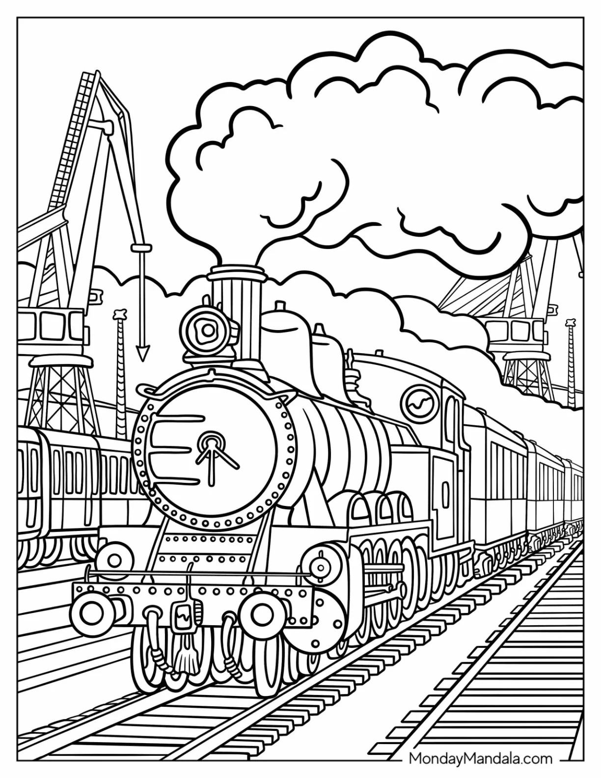 Train Coloring Page of Classic Steam Engine at the Train Yard coloring page