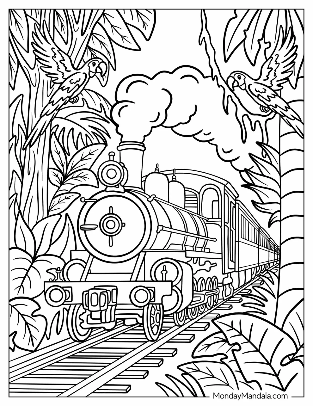Train Coloring Page of Classic Steam Engine on Rails in a Rainforest coloring page — printable line art