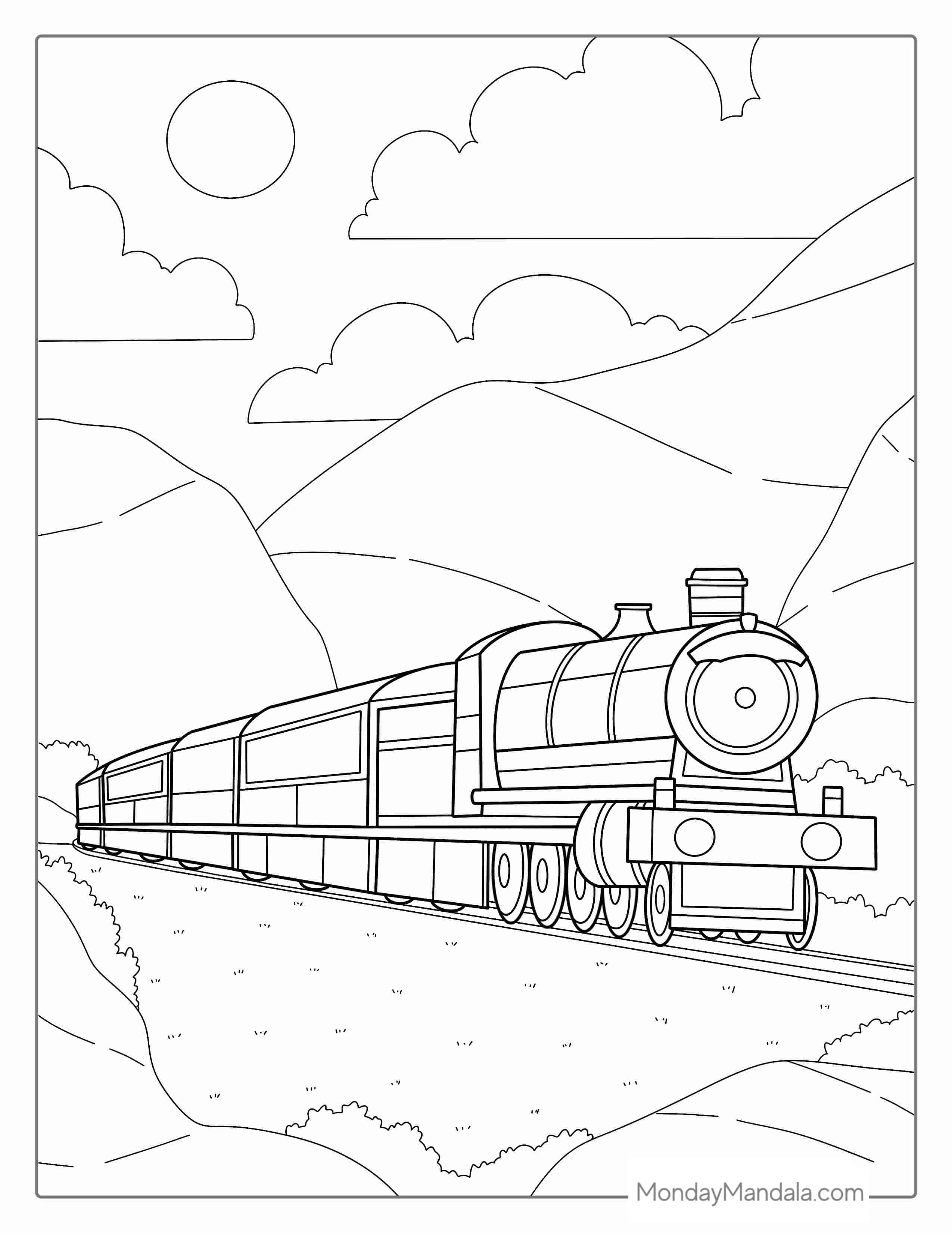 Train Travelling Through The Country Side coloring page — printable line art