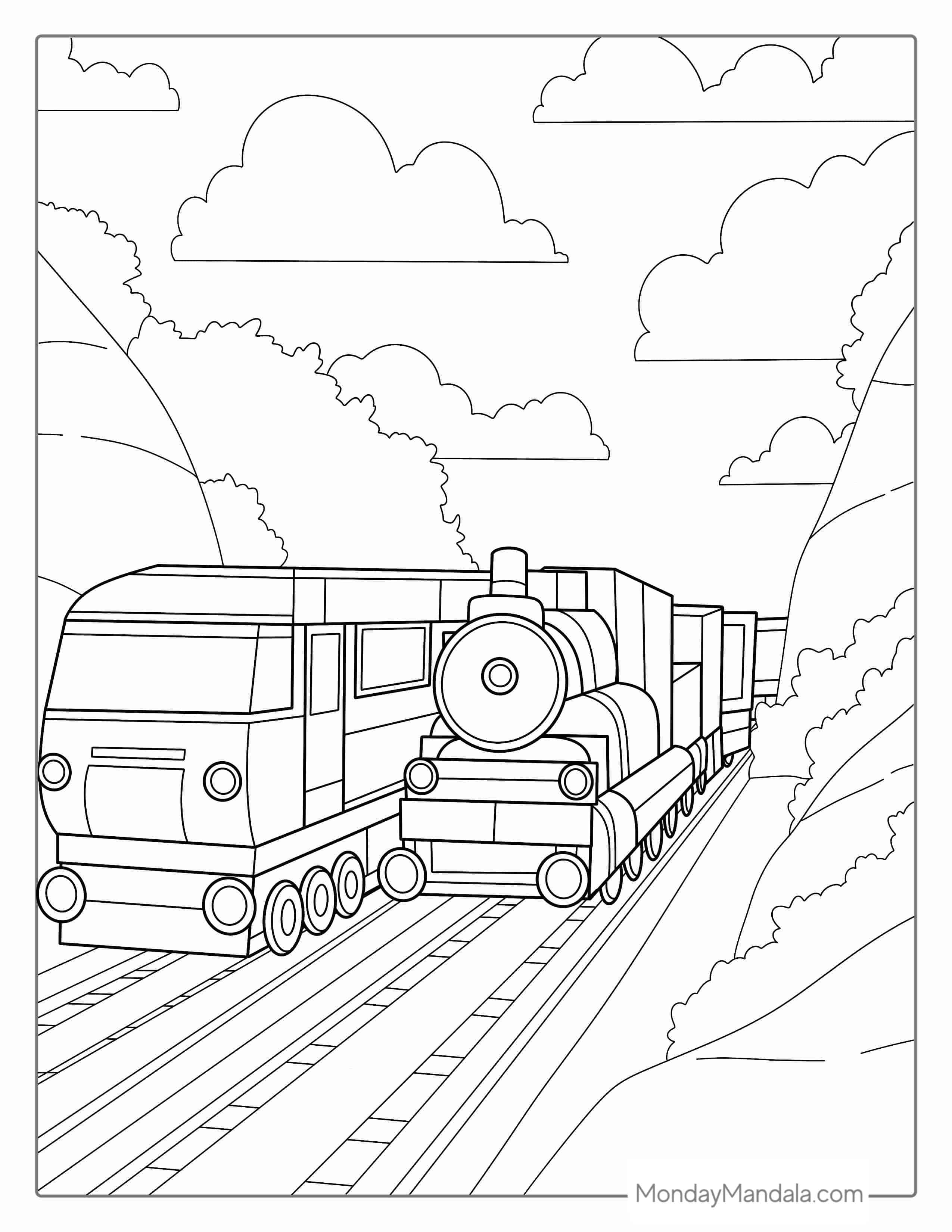 Two Trains On Tracks Through Valley coloring page
