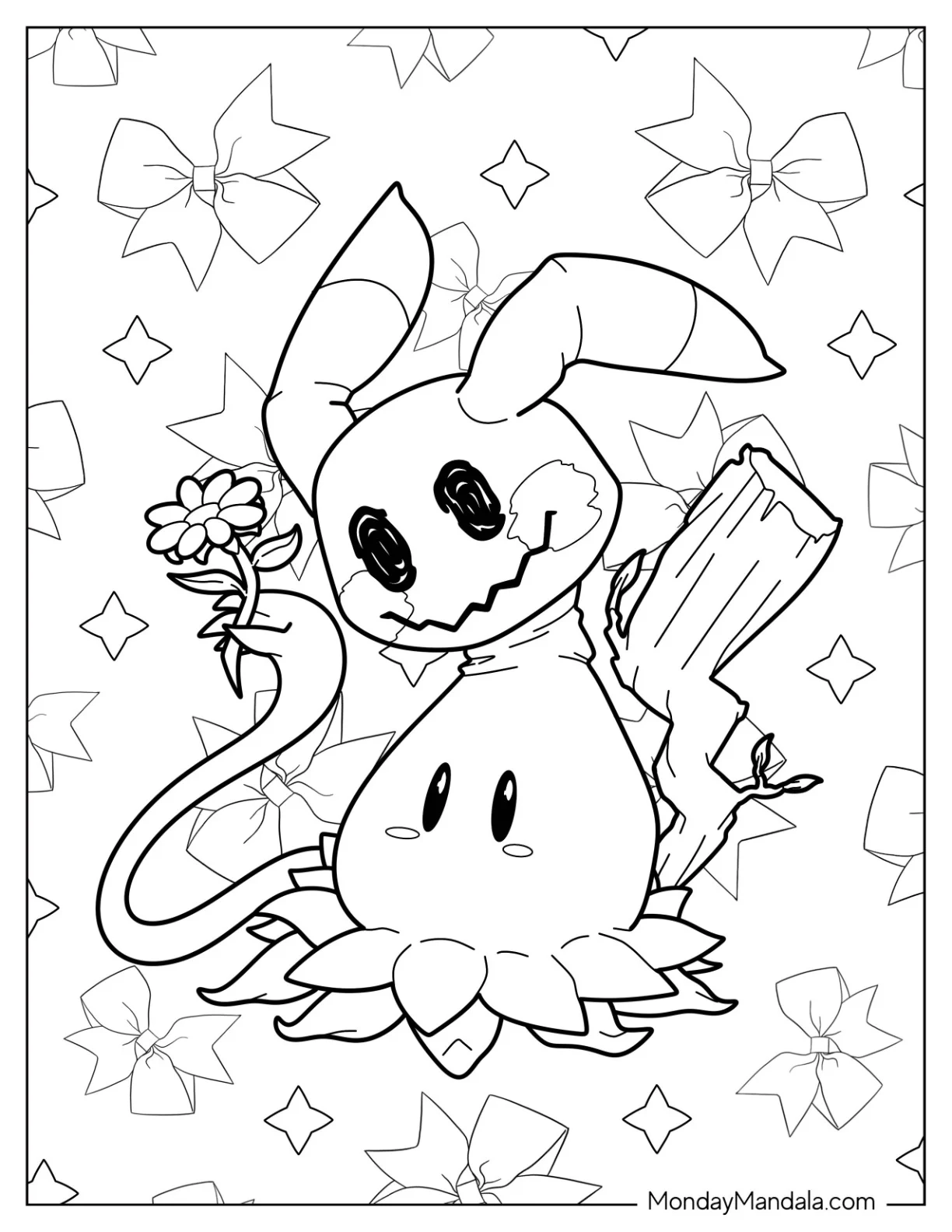 Cute Mimikyu Coloring Page Holding Up A Flower coloring page