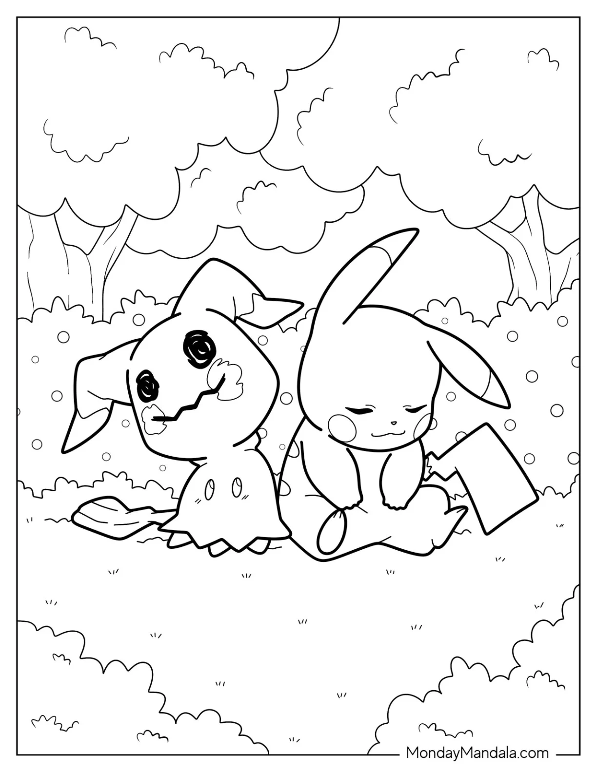 Mimikyu Coloring Page Sitting Next To Pikachu On The Grass coloring page