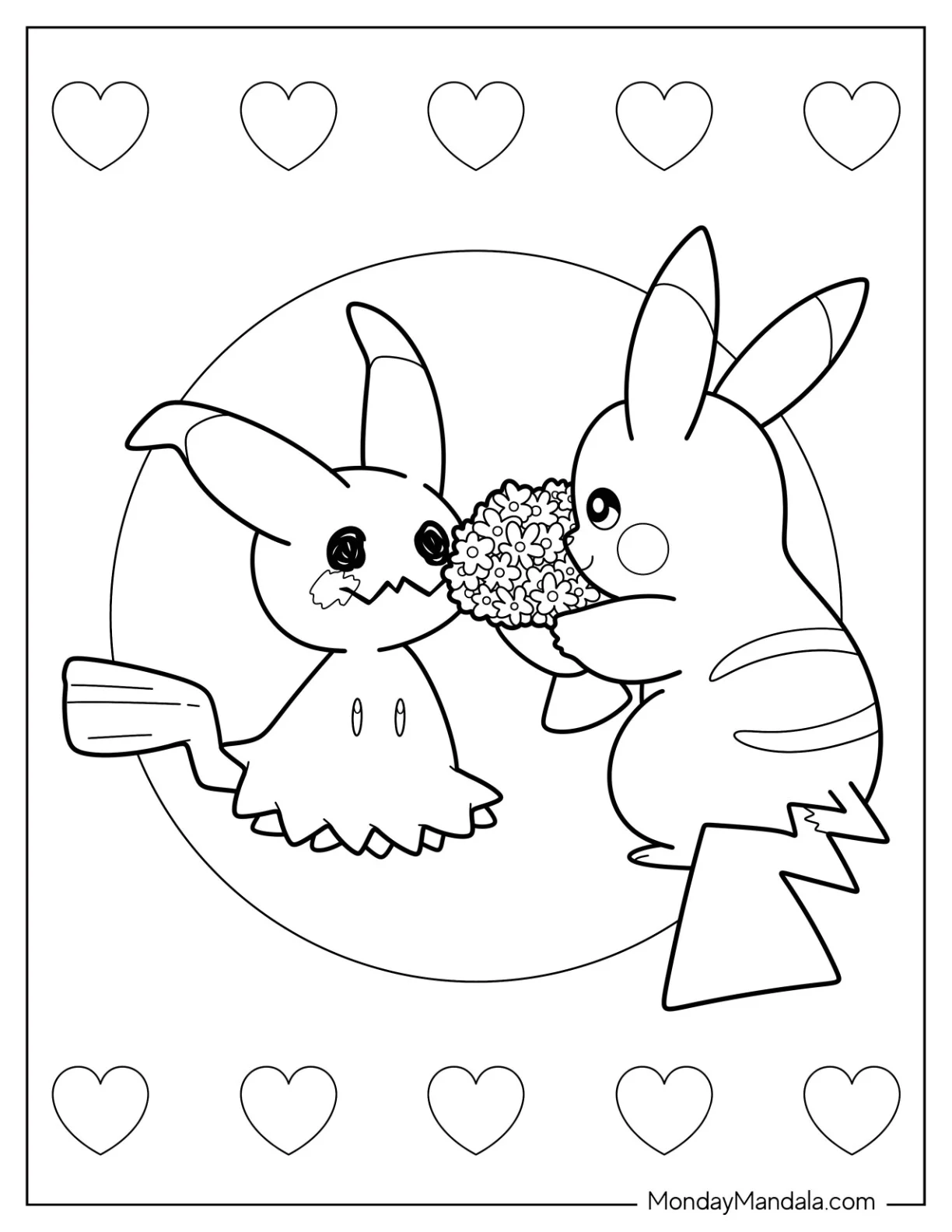Pikachu Giving Mimikyu Coloring Page Flowers For Kids coloring page