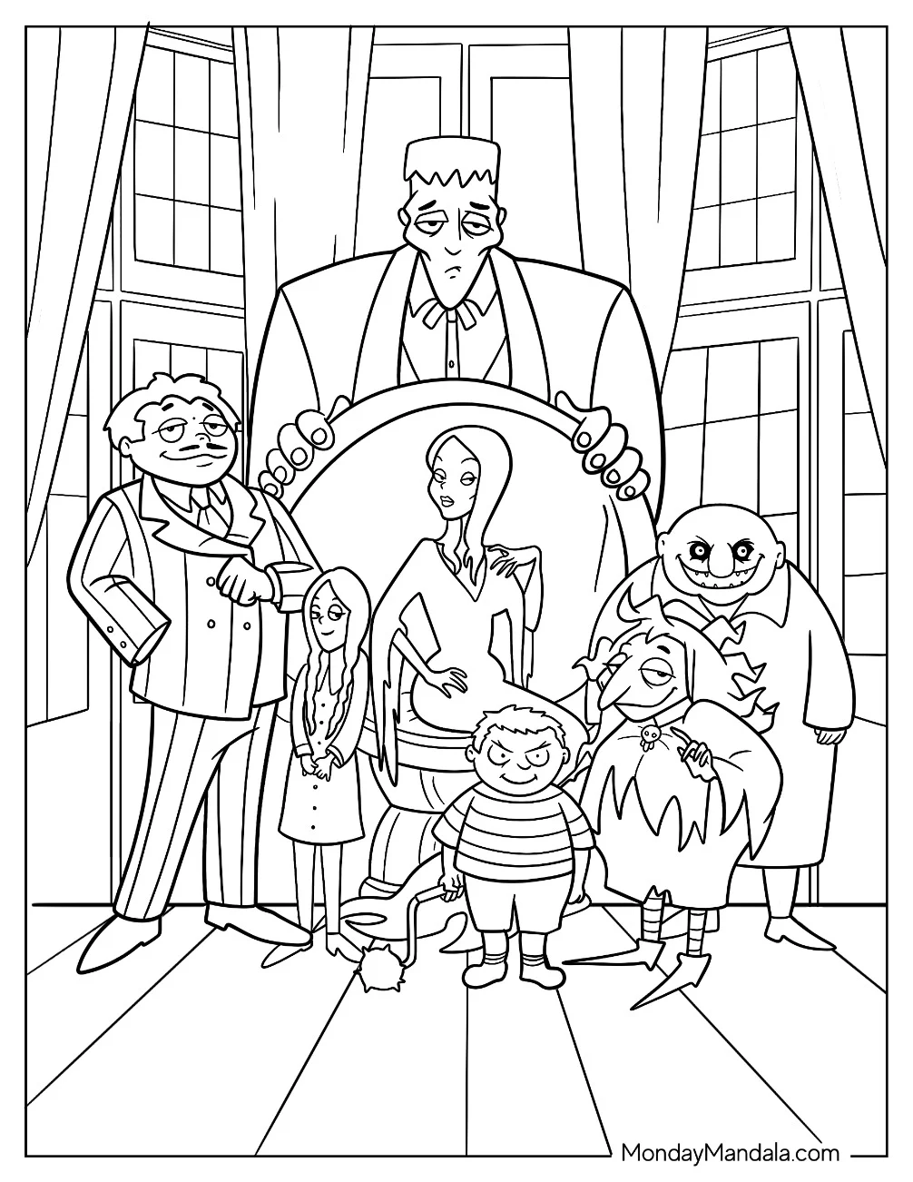 Addams Family Morticia, Gomez, Wednesday, Pugsley, Uncle Fester, And Grandmama coloring page — printable line art