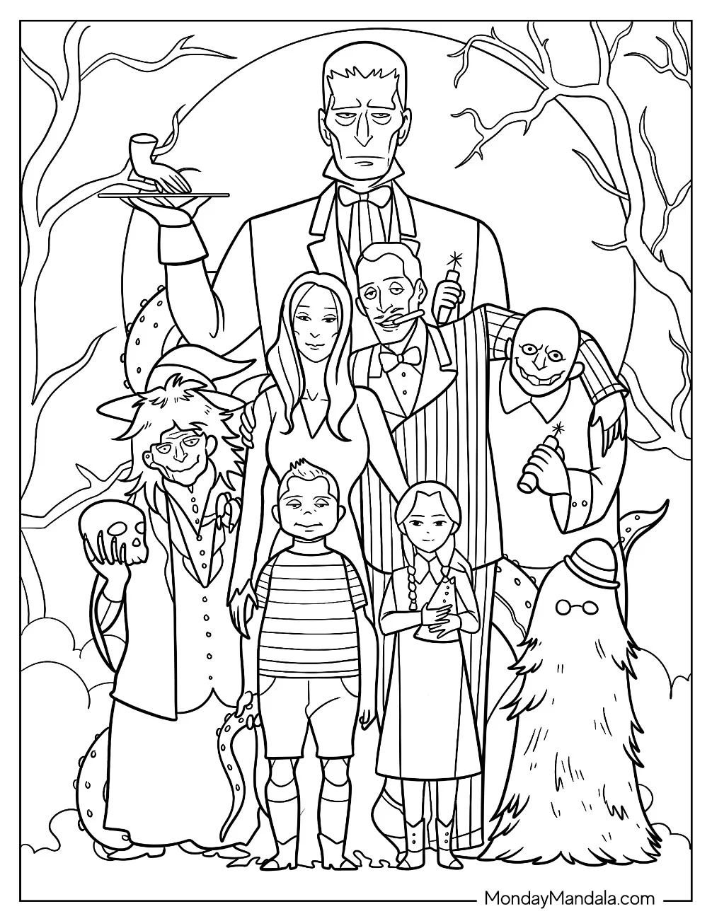 Cartoon Addams Family In The Cemetery Coloring Sheet For Kids coloring page — printable line art