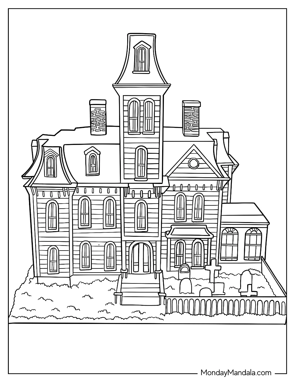 Detailed Addams Family Mansion coloring page — printable line art