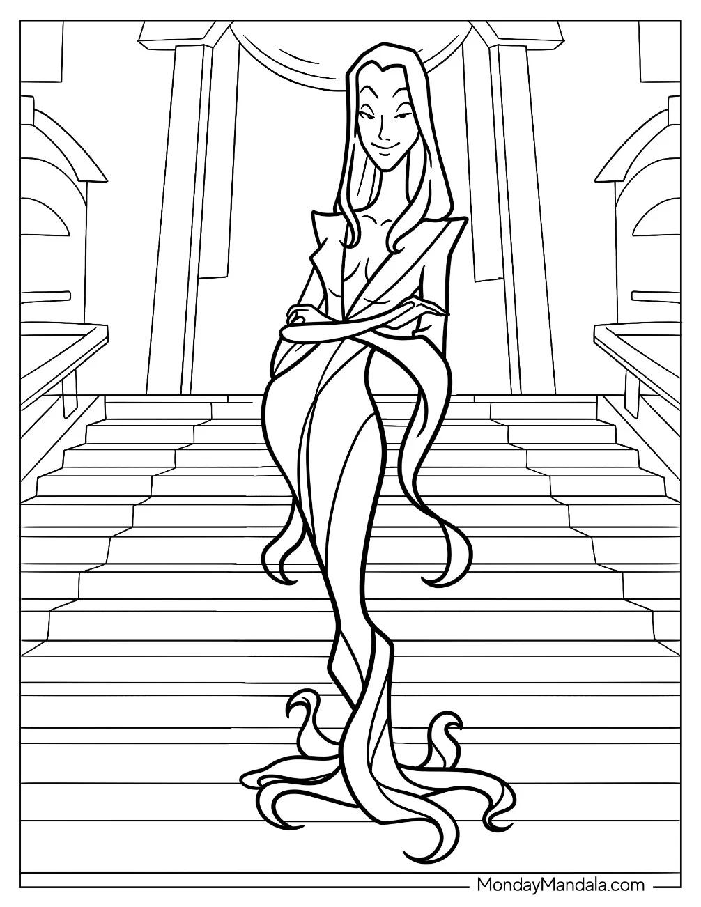 Easy Morticia Addams On A Grand Staircase Coloring Sheet coloring page