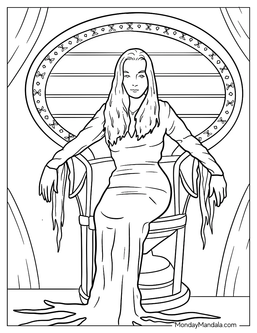 Elegant Morticia Addams Sitting On A Chair coloring page — printable line art
