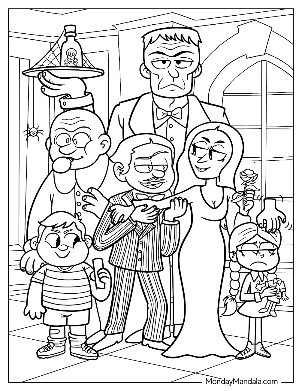 Kawaii Addams Family In Haunted House Coloring Page For Kids coloring page
