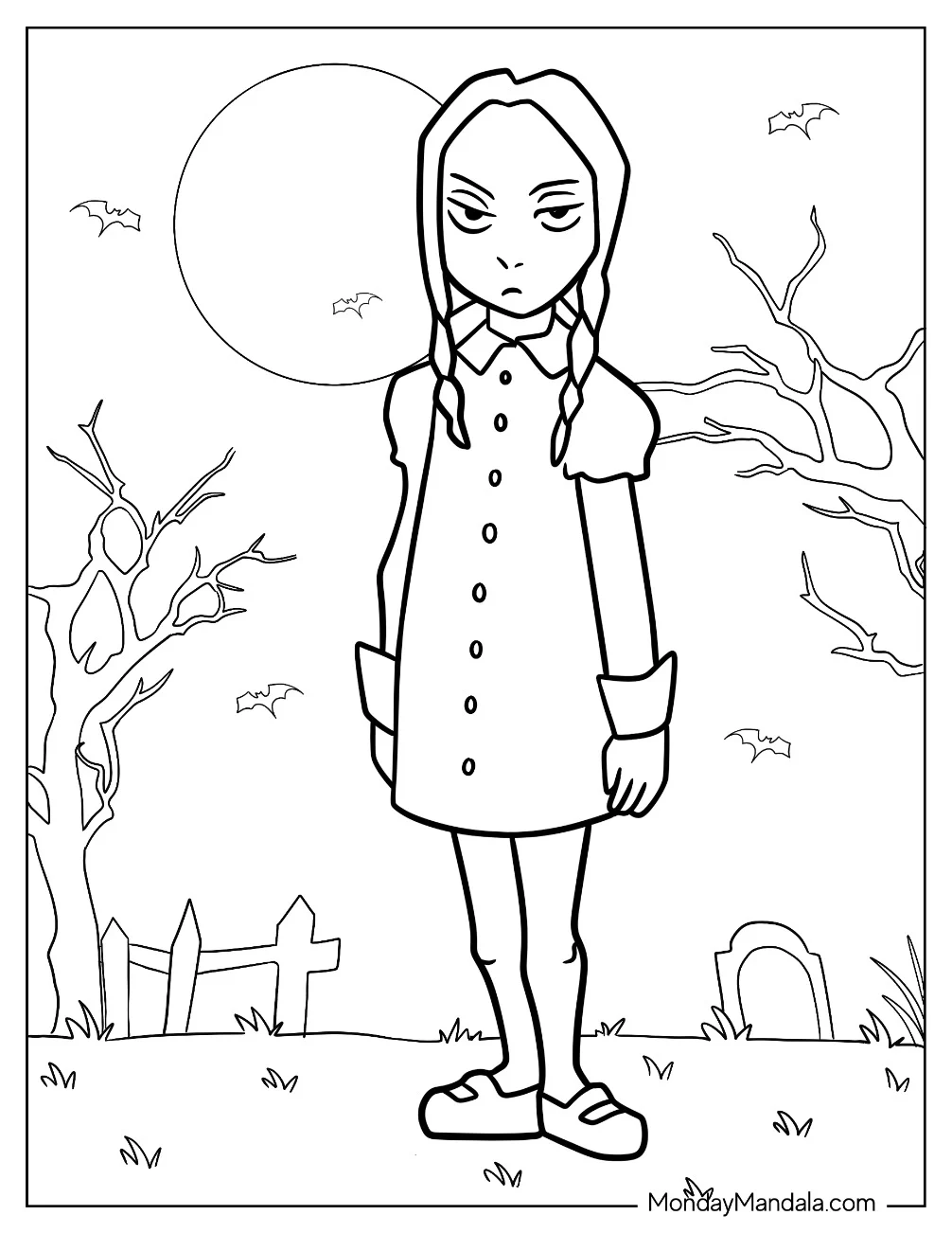 Simple Wednesday Addams At Full Moon Coloring Page For Preschoolers coloring page