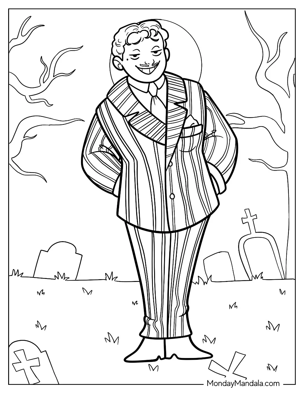 Smirking Gomez Addams In The Cemetery Coloring Page For Kids coloring page