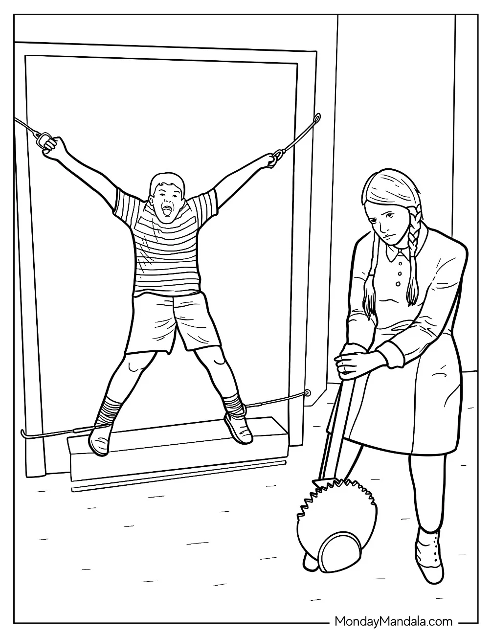 Wednesday Addams Experimenting With Pugsley Addams coloring page