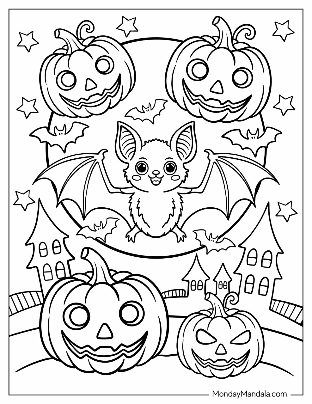 Adorable Bat Coloring Page in the Sky with Full Moon and Jack O Lanterns for Kids coloring page — printable line art