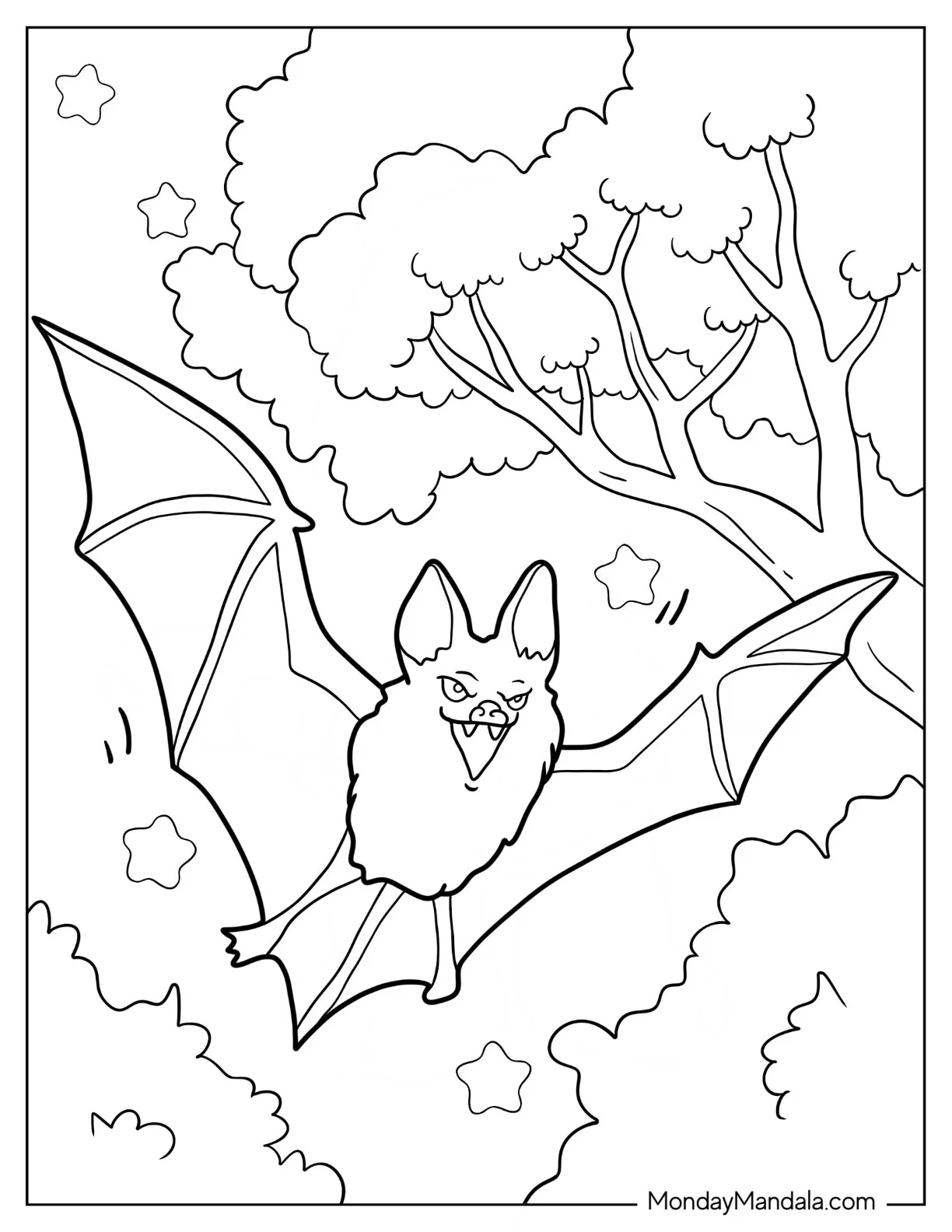 Angry Bat Coloring Page Flying And Showing Fangs coloring page — printable line art