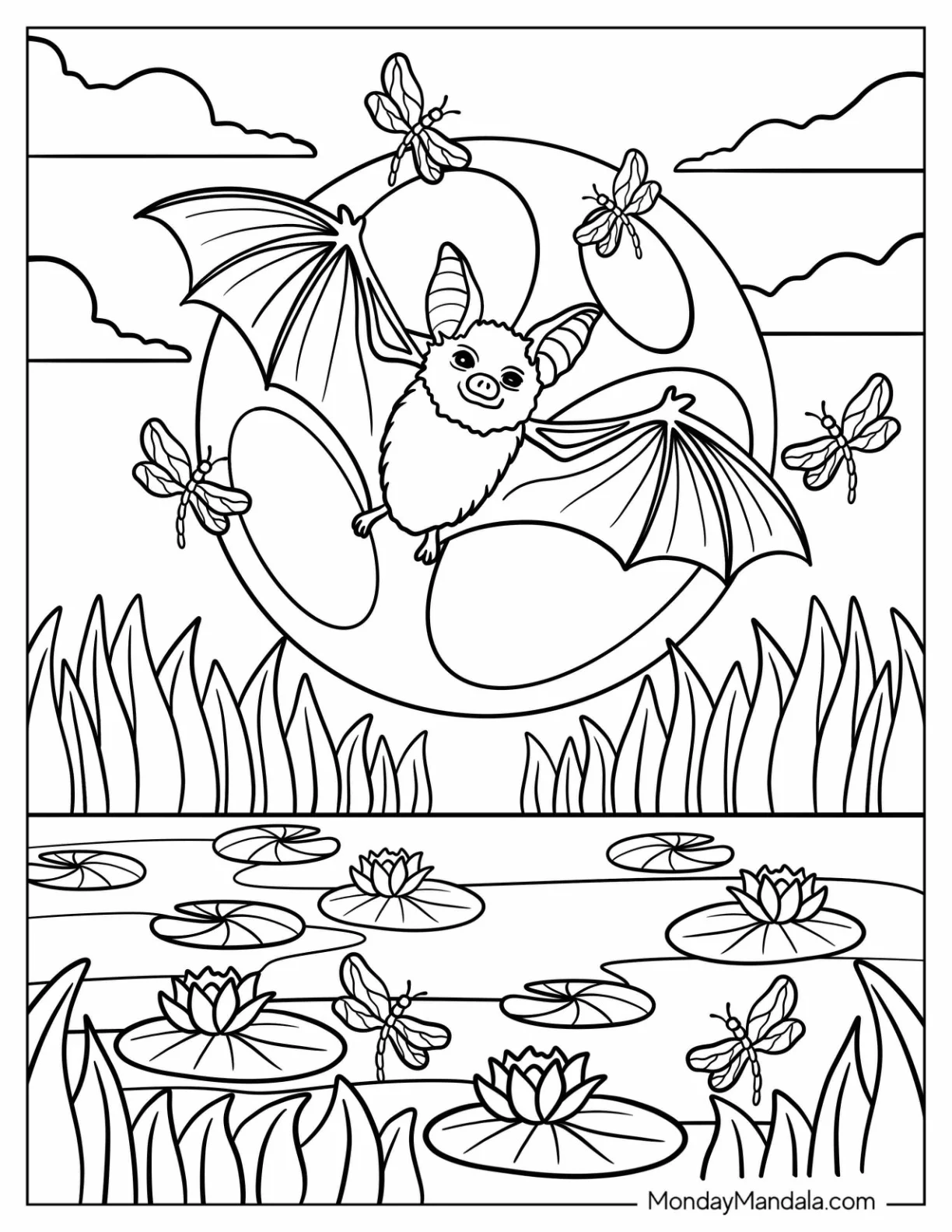 Bat Coloring Page Flying Over a Pond with Lily Pads and Dragonflies coloring page